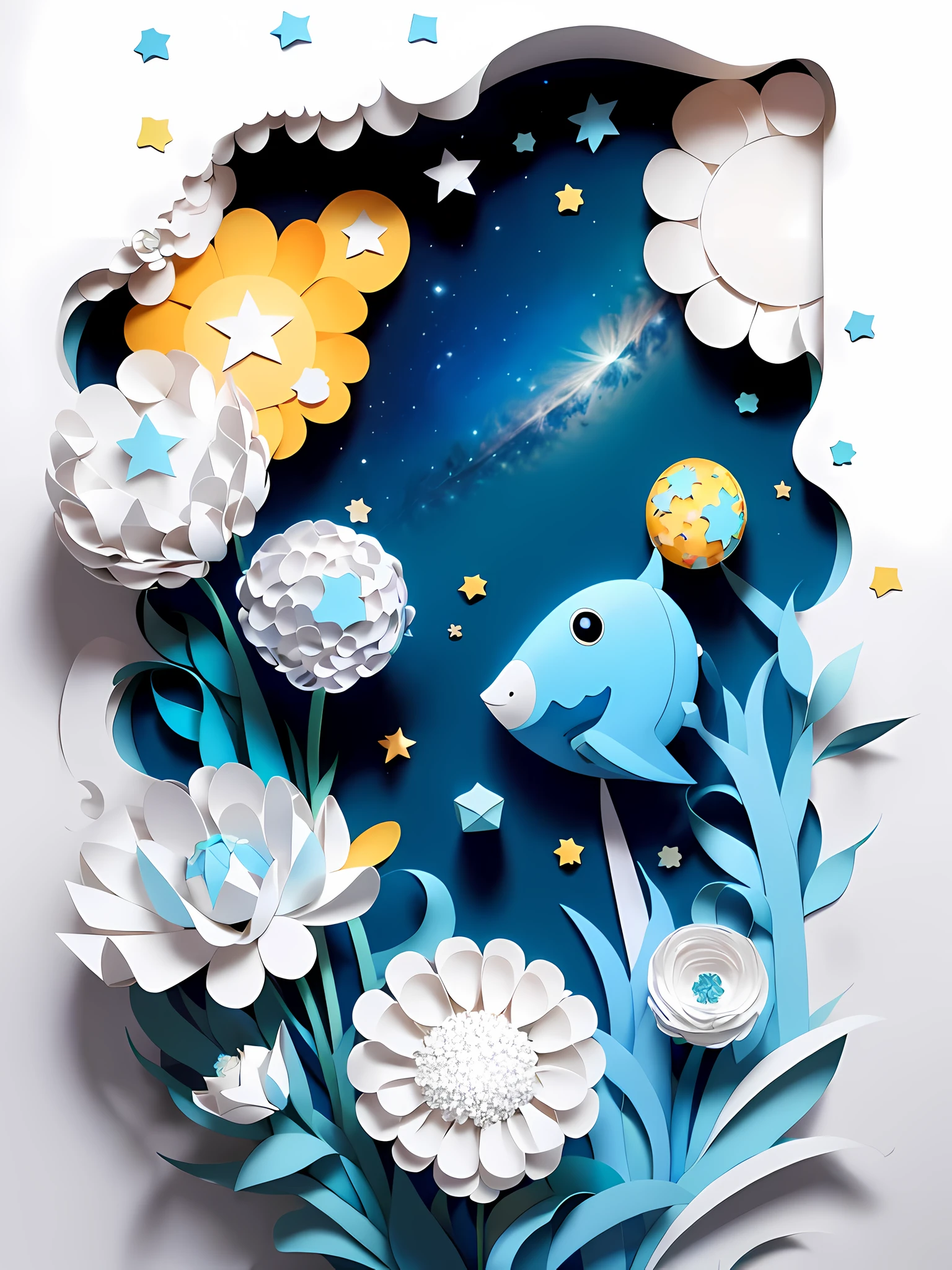 ((Masterpiece))), Best Quality, Light Blue Illustration, Astronaut, Stars, paper_cut, (White background: 1.1)