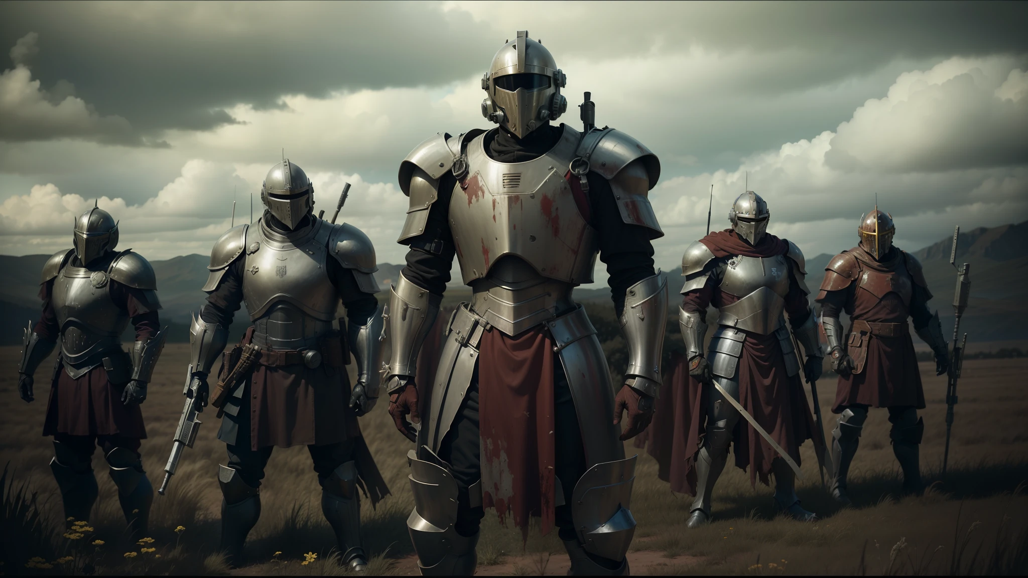 knight in helmeted armor standing in a field with other helmeted knights, from a 2 0 1 9 8k sci-fi movie, bloody red armor, by Steven Belledin, an army recruitment poster, anamorphic flags, cosplay publicist, image from the film , fallout 3, by Hiromu Arakawa, by Louis Mathieu Verdilhan