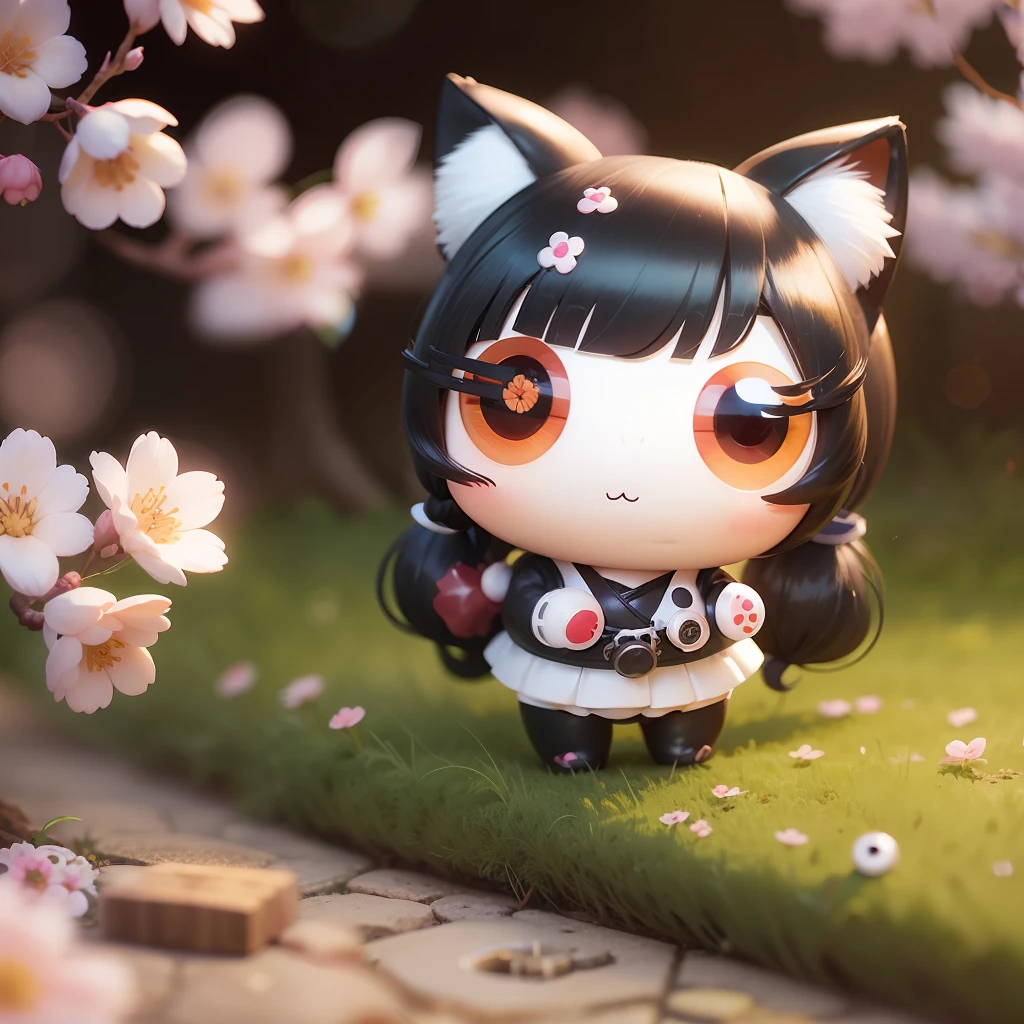 cute chibi style, pudgy, 1 cute chubby cat girl with (googly eyes:1.37), blind box toy, twintails, bangs, PVC material, flower, outdoors, cherry trees, cherry blossoms,