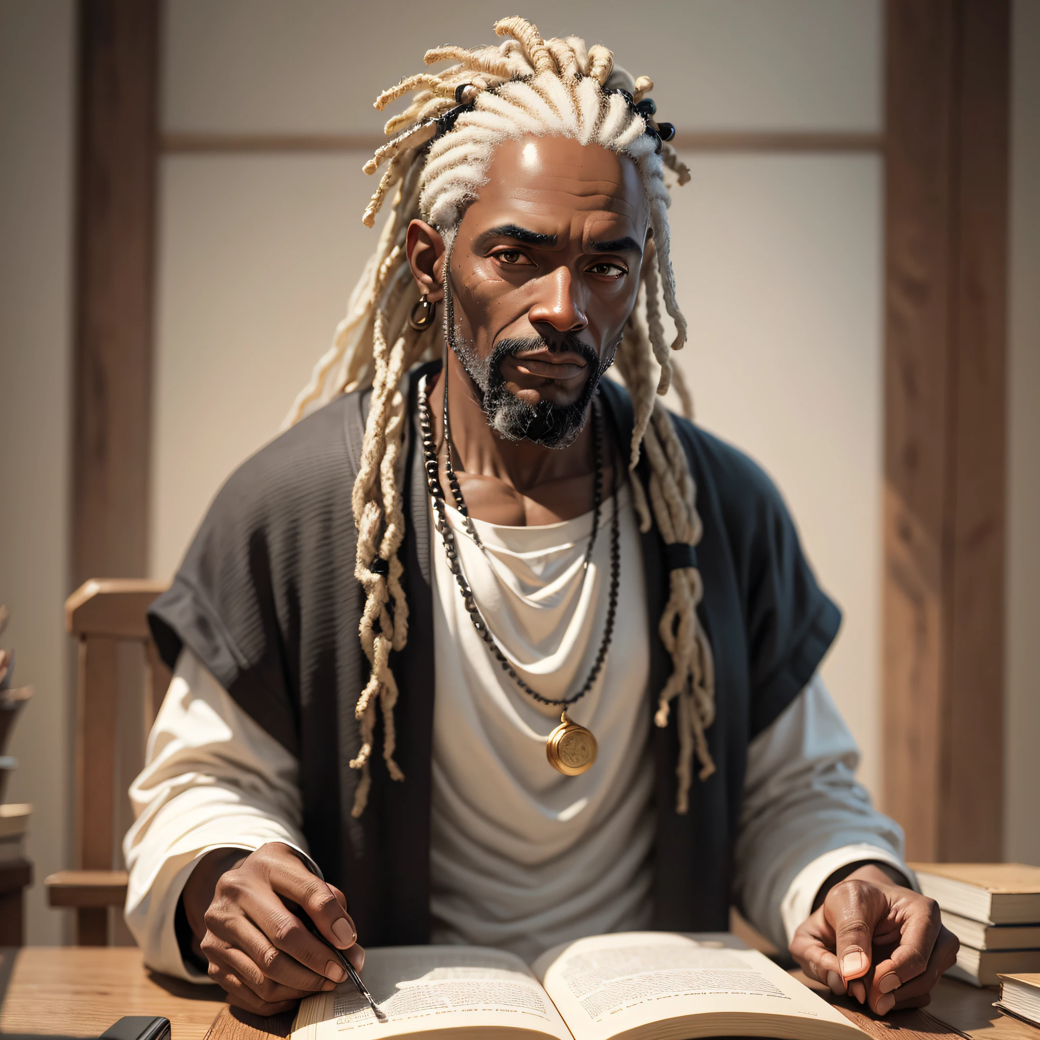 best quality, masterpiece, black man, jesus, old black man, holding book in hand, white dreads, dark studio, rim lighting, two tone lighting, 8k uhd, dslr, soft lighting, high quality, volumetric lighting, sincere, photography, high resolution, 4k, 8k, epic, divine --auto --s2