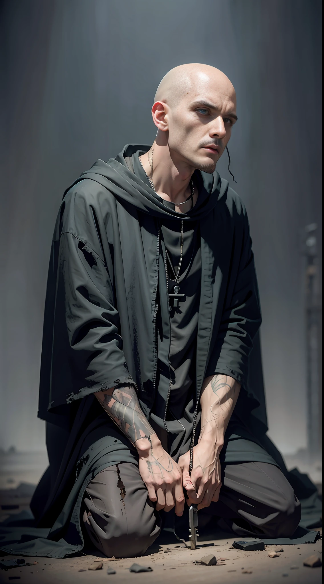 Kneeling on the ground, man, bald head, back to the audience, faceless, wearing black robes, tattered, ragged, dirty, sketching, anime key visuals, fog, evil, Bauhaus art, dramatic lighting, mystery