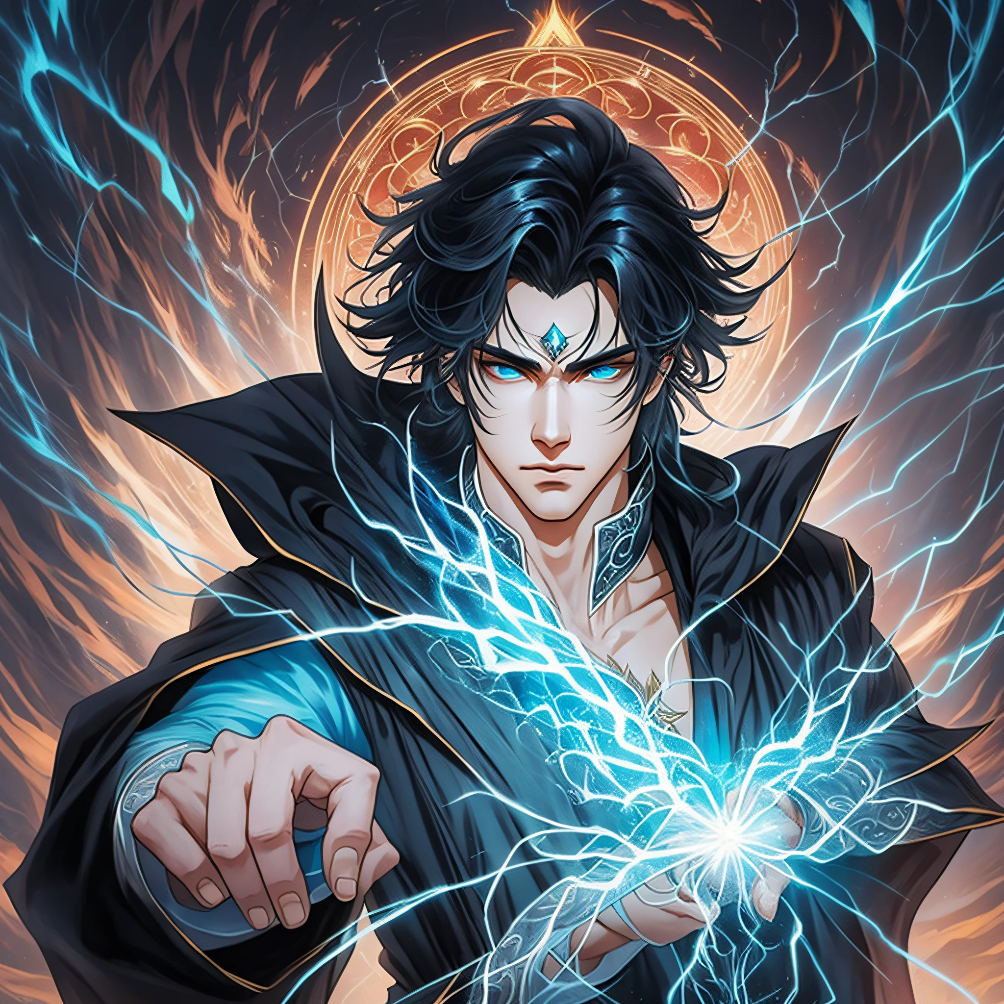 Imagine a captivating masterpiece artwork featuring an anime/cartoon-style male mage with a fantasy twist. The mage is in his twenties and possesses an alluring appearance. His jet black hair is styled in a slightly messy manner, with a few striking white strands adding a touch of uniqueness to his overall look. His eyes are a vibrant cyan, shimmering with magical energy.
The mage is dressed in a combination of a black and white vest and a flowing cyan robe, which perfectly complements his hair and eye color. On his left arm, intricate 'runic' tattoos are etched, emanating a soft glow that symbolizes his magical abilities. The runic symbols should be detailed and hold a hint of mysticism.
In this artwork, the mage is posed for combat, radiating confidence and power. With sparks of electricity crackling around his left hand's fingers, he is ready to unleash his potent spells upon his adversaries. The sparks should be vibrant and eye-catching, emphasizing the mage's command over lightning magic.
The background depicts a mystical and enchanting setting—a dense forest filled with towering trees and magical flora. The lighting is soft, with gentle rays of sunlight filtering through the foliage, creating a warm and serene atmosphere. The forest should feel alive and teeming with unseen magical creatures or faint traces of enchantments.
The overall style of the artwork should embody the vibrant and dynamic aesthetics of anime/cartoon illustrations, combining exaggerated features with fantasy elements. Let your creativity shine as you bring this charismatic mage to life! --auto --s2