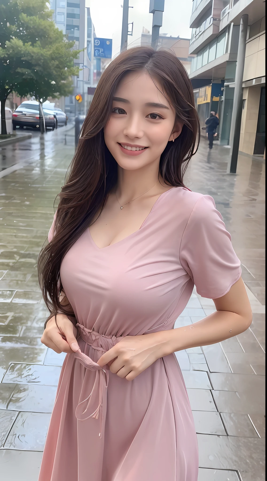 ((Best Quality, 8k, Masterpiece:1.3)), Focus: 1.2, Perfect Body Beauty: 1.4, Buttocks: 1.2, ((Long Hair)), (Wet Clothes:1.1) , (Rain, Street:1.3), Pink bandeau dress: 1.1, Highly detailed face and skin texture, Detailed eyes, Double eyelids, buttocks, Whitened skin, smile
