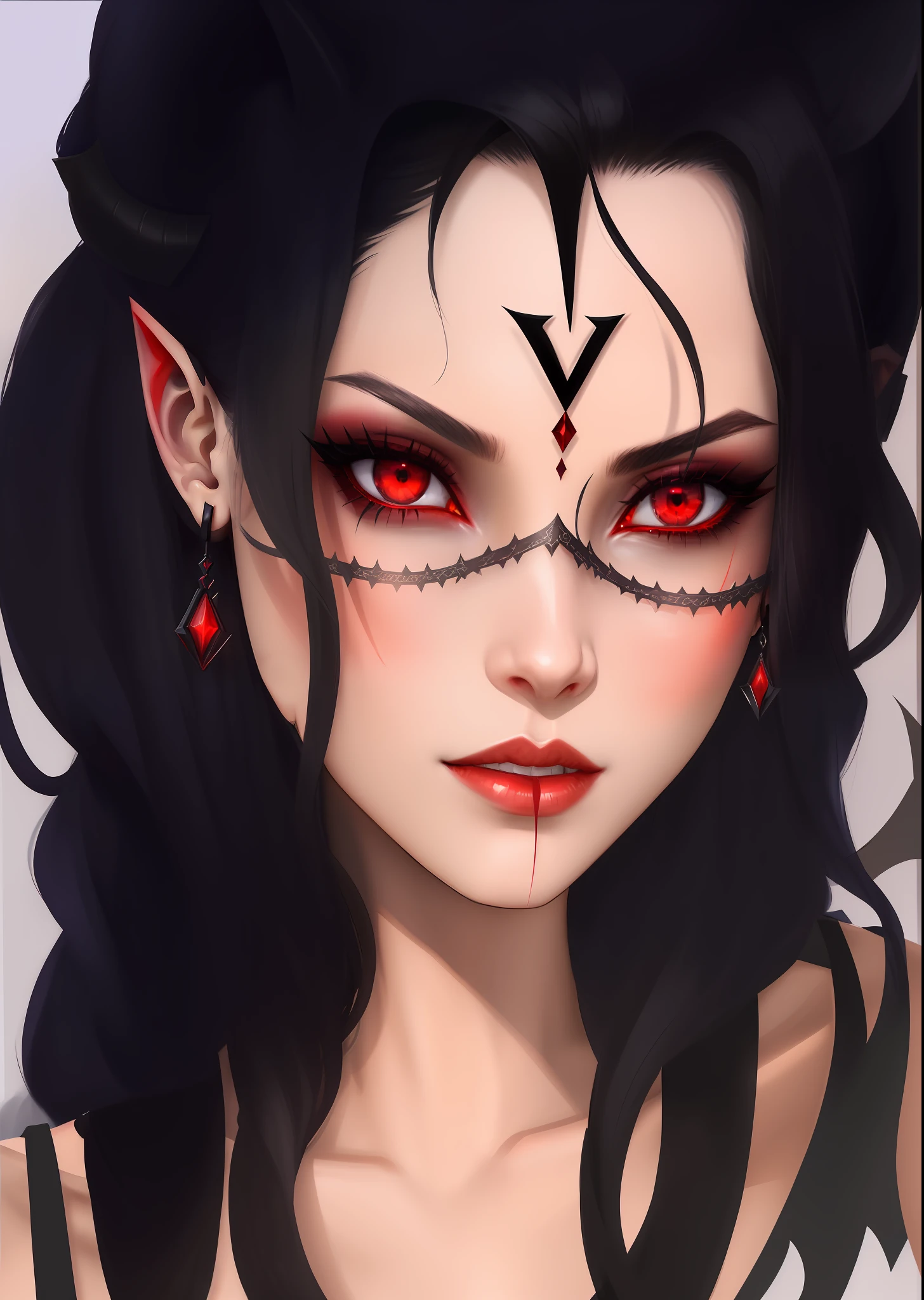 there is a drawing of a woman with a black hair and red eyes, vampire of clan lasombra, mara demon, tiefling, human :: sorceress, with glowing red eyes, portrait demon half human, horns and red eyes, with red glowing eyes, demoness, pointed face and grey eyes, dnd portrait of a tiefling, tiefling female warlock