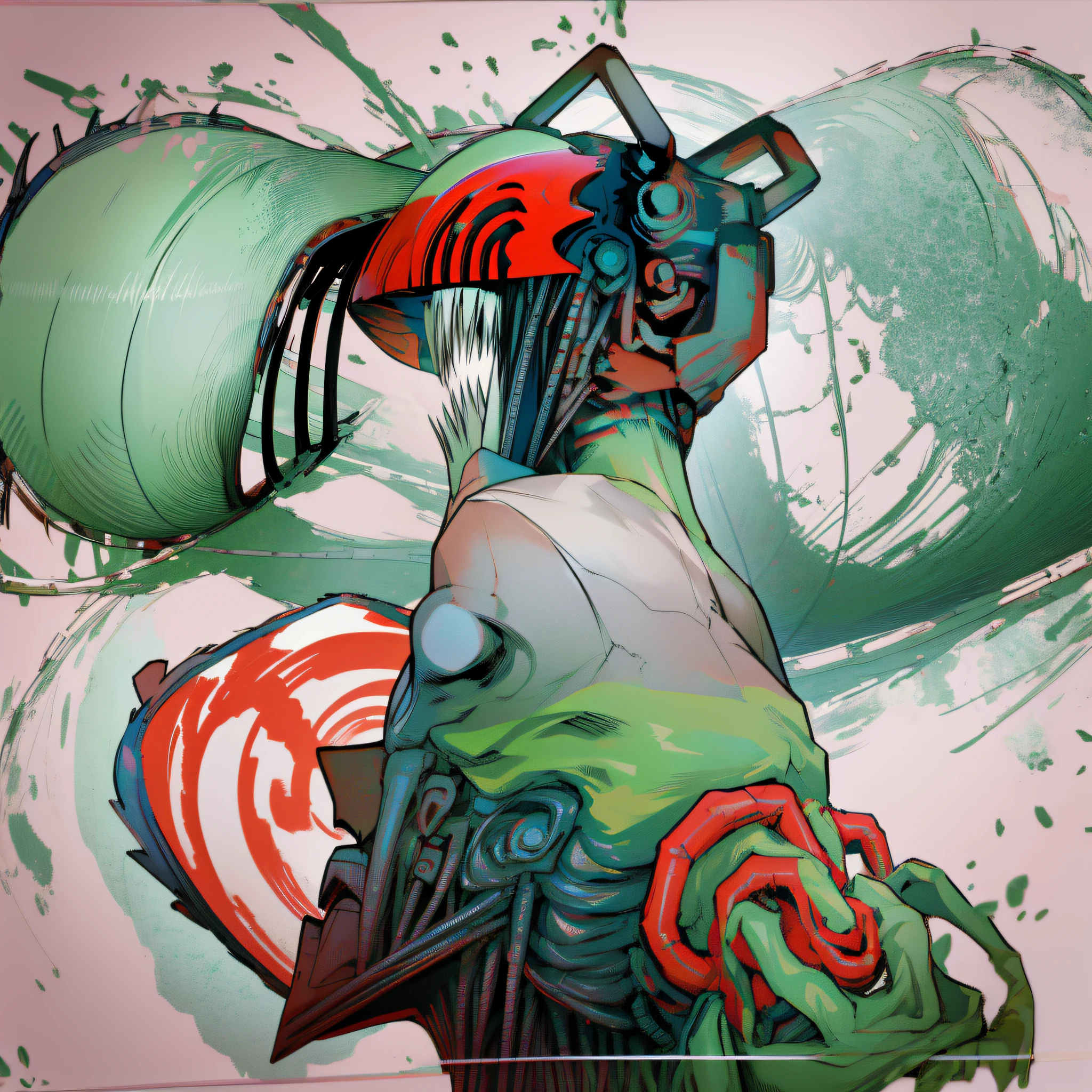 anime, manga style by Kentaro Miura, a girl with green hair and red eyes, blood on her face and hair, holding a katana behind her back, manga with a chainsaw by Sui Ishida, Hijikata Toshiro from Gintama, bright colors.