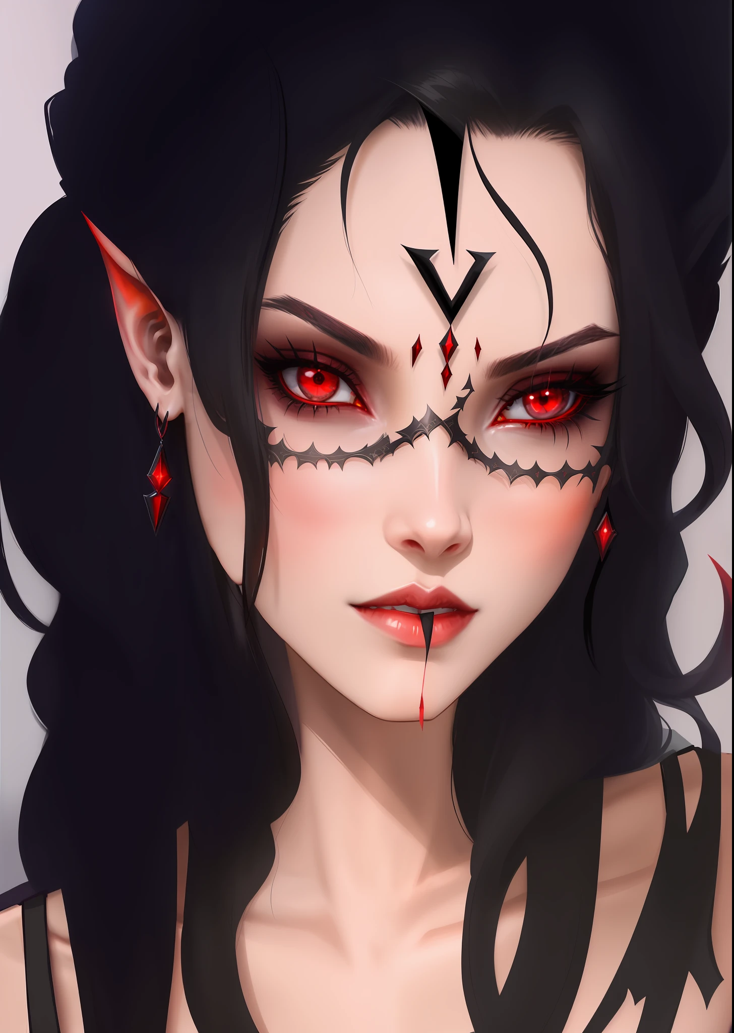 there is a drawing of a woman with a black hair and red eyes, vampire of clan lasombra, mara demon, tiefling, human :: sorceress, with glowing red eyes, portrait demon half human, horns and red eyes, with red glowing eyes, demoness, pointed face and grey eyes, dnd portrait of a tiefling, tiefling female warlock