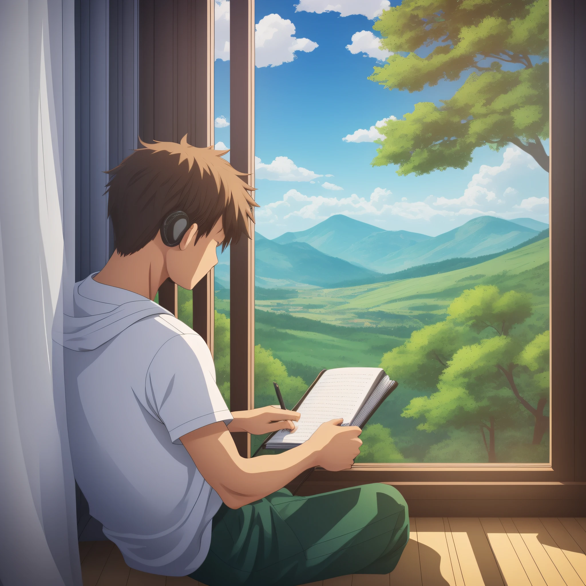 Have him sitting in a chair and writing in a notebook on a table