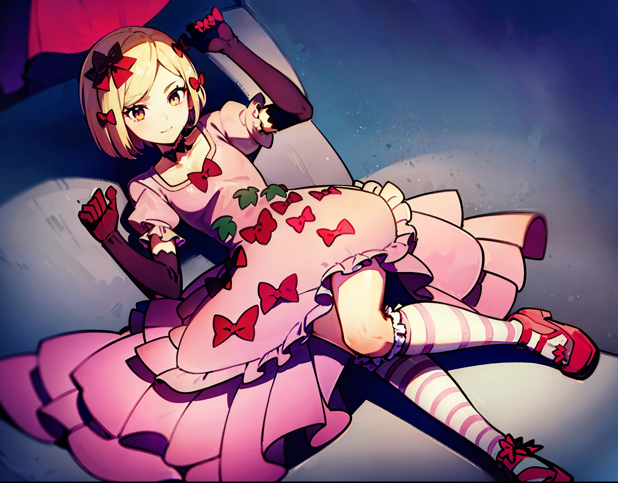 1girl, lambdadelta, pink dress, kneehighs, striped legwear, red shoes, shoe bow, red bows, blond hair, short hair, brown eyes, elbow black gloves, top-down bottom-up, (beautiful girl), (masterpiece), (best quality), (ultra detailed), top quality, (illustration), (high resolution), detailed face