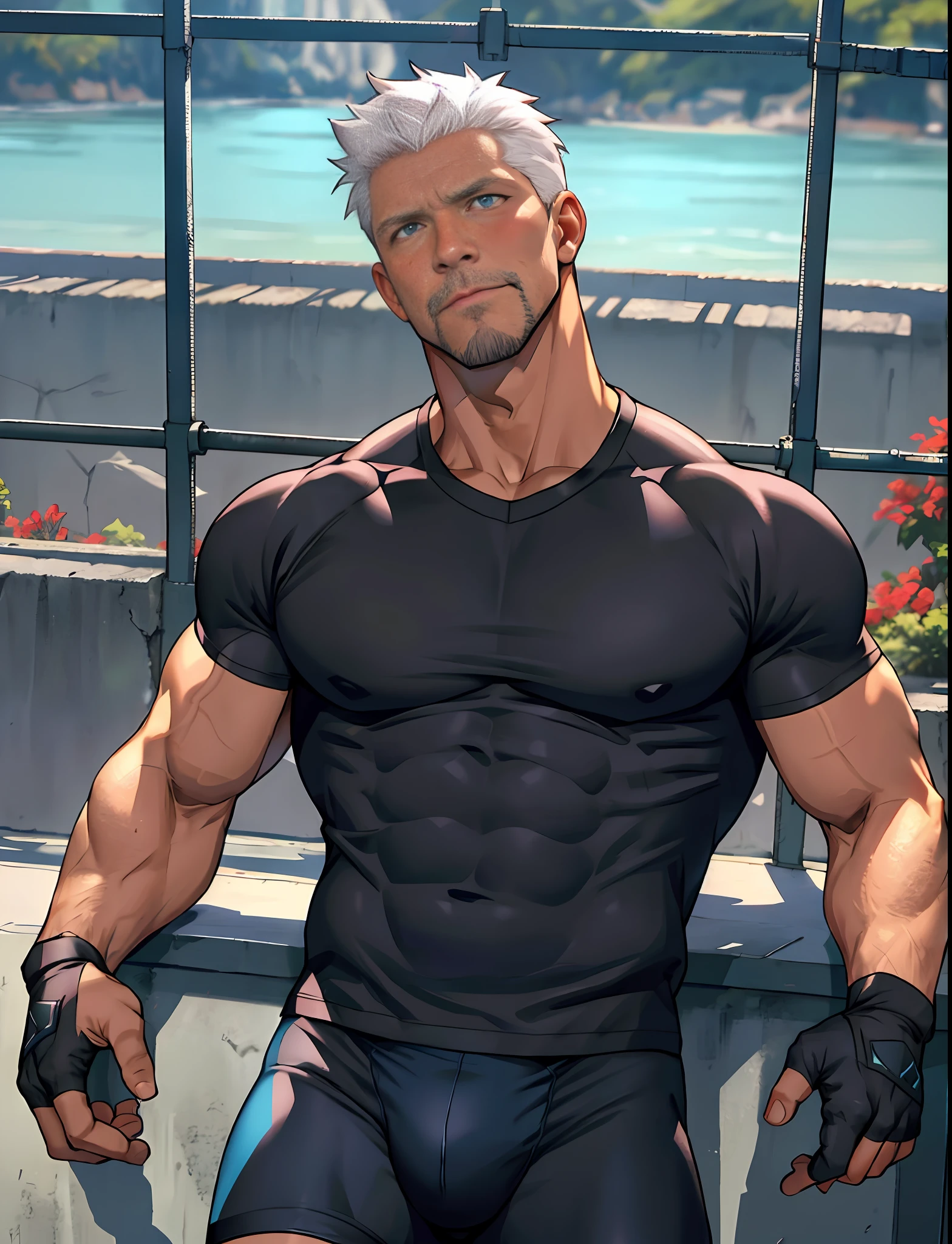 Archer /(fate/), blushing, sexy, short hair, muscular, bara, short stubble, fingerless gloves, erect, cycling shorts, eye focus, blue eyes, manly, award winning, best quality, highres, high details, anatomically correct, masterpiece, manly, young face, spandex t-shirt,