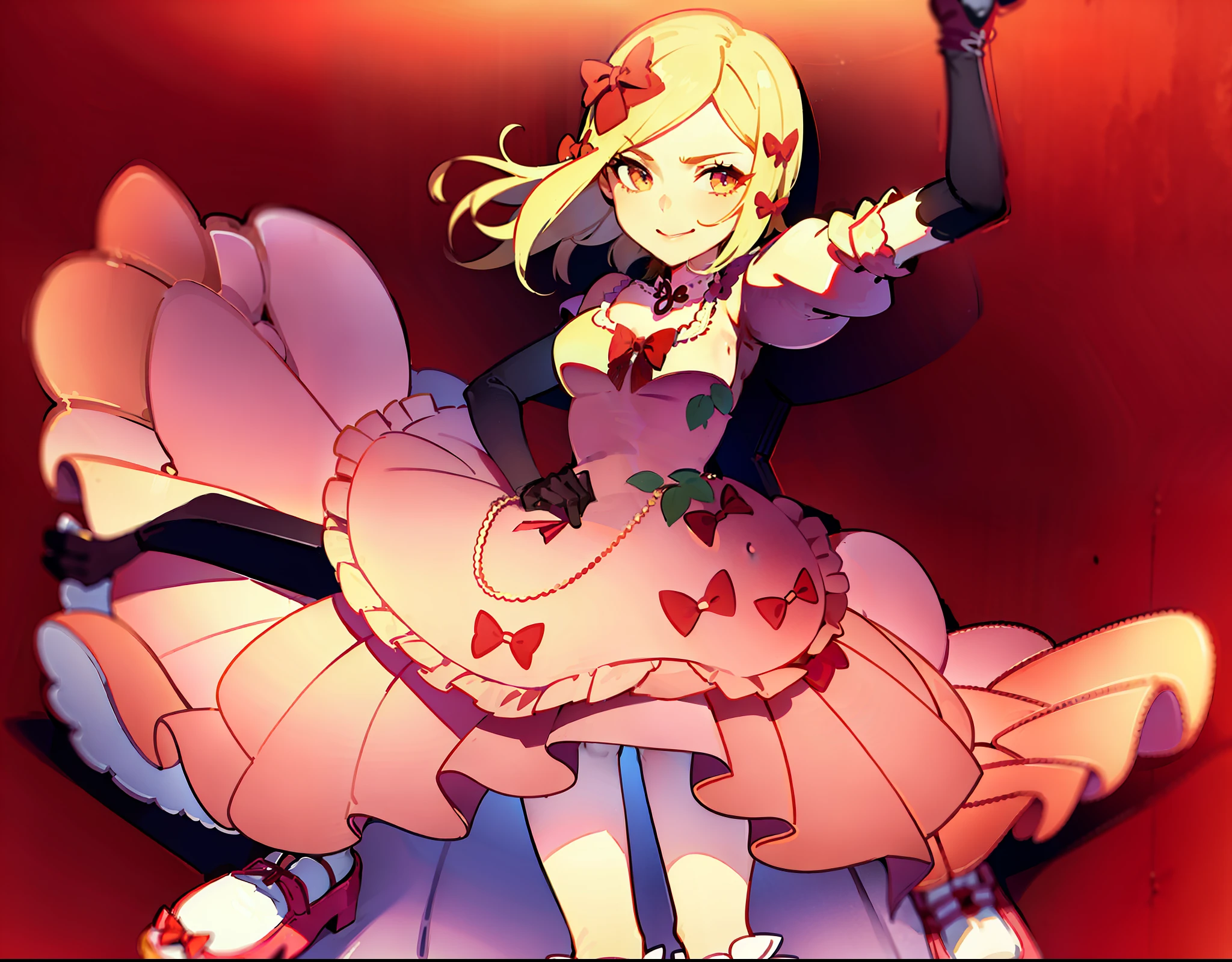 1girl, lambdadelta, pink dress, kneehighs, striped legwear, red shoes, shoe bow, red bows, blond hair, short hair, brown eyes, elbow black gloves, top-down bottom-up, (beautiful girl), (masterpiece), (best quality), (ultra detailed), top quality, (illustration), (high resolution), detailed face