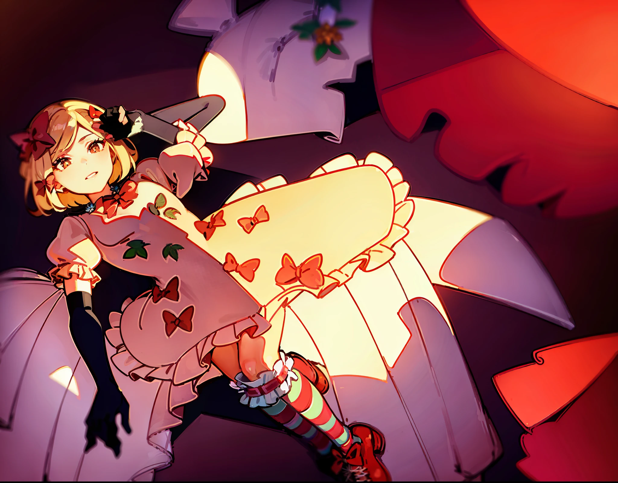 1girl, lambdadelta, pink dress, kneehighs, striped legwear, red shoes, shoe bow, red bows, blond hair, short hair, brown eyes, elbow black gloves, top-down bottom-up, (beautiful girl), (masterpiece), (best quality), (ultra detailed), top quality, (illustration), (high resolution), detailed face
