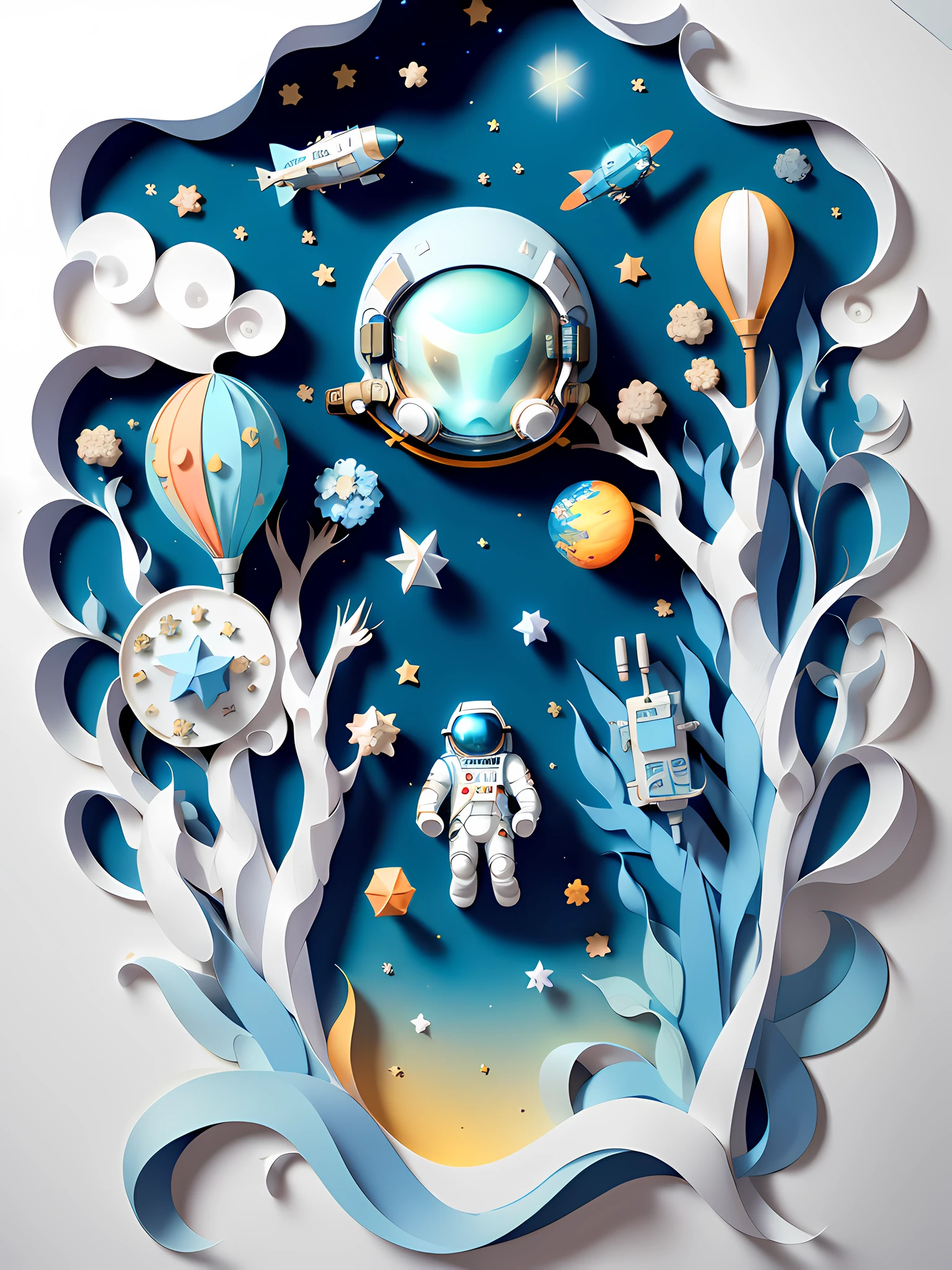 ((Masterpiece))), Best Quality, Light Blue Illustration, ((Astronaut)), Starry Sky, paper_cut, (White Background: 1.1)