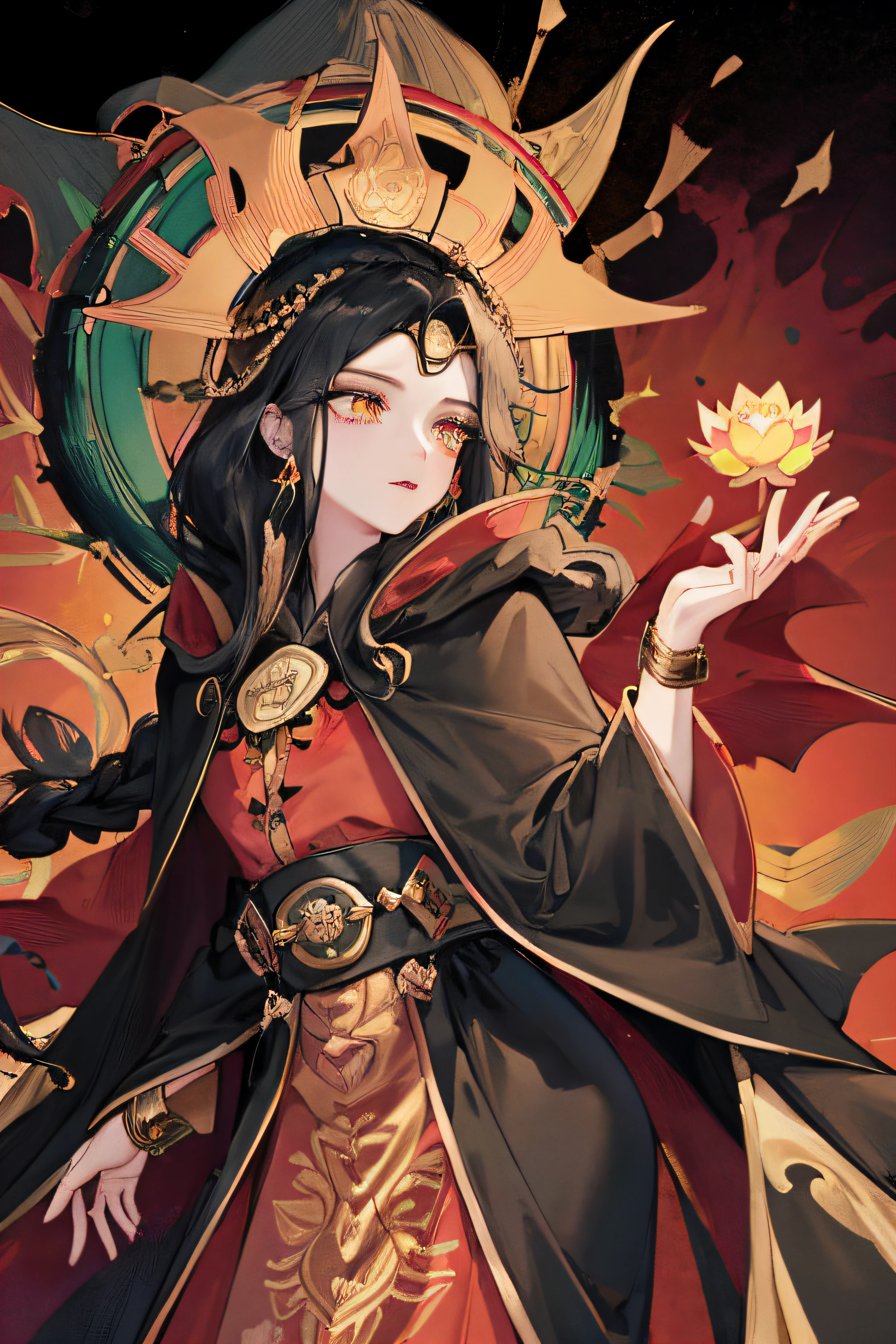 celestial_being,(black silky hair),jade_crown,([silk robe|embroidered gown]:1.3),[dragon_cape::10],red ([shawl:golden trim:0.4]:1.7) adorned on ([phoenix cloak:lotus cape:0.4]:1.5),forehead,meditating,golden eyes,waist_belt,jade_bracelets,mountain_peak,ancient_scroll,[wavy, waterfall_braid:0.1],[gloves, fan, ink_brush:0.4],1girl,
Expressive Hues,Vibrant Palette,Dynamic Brushwork,sharp focus,