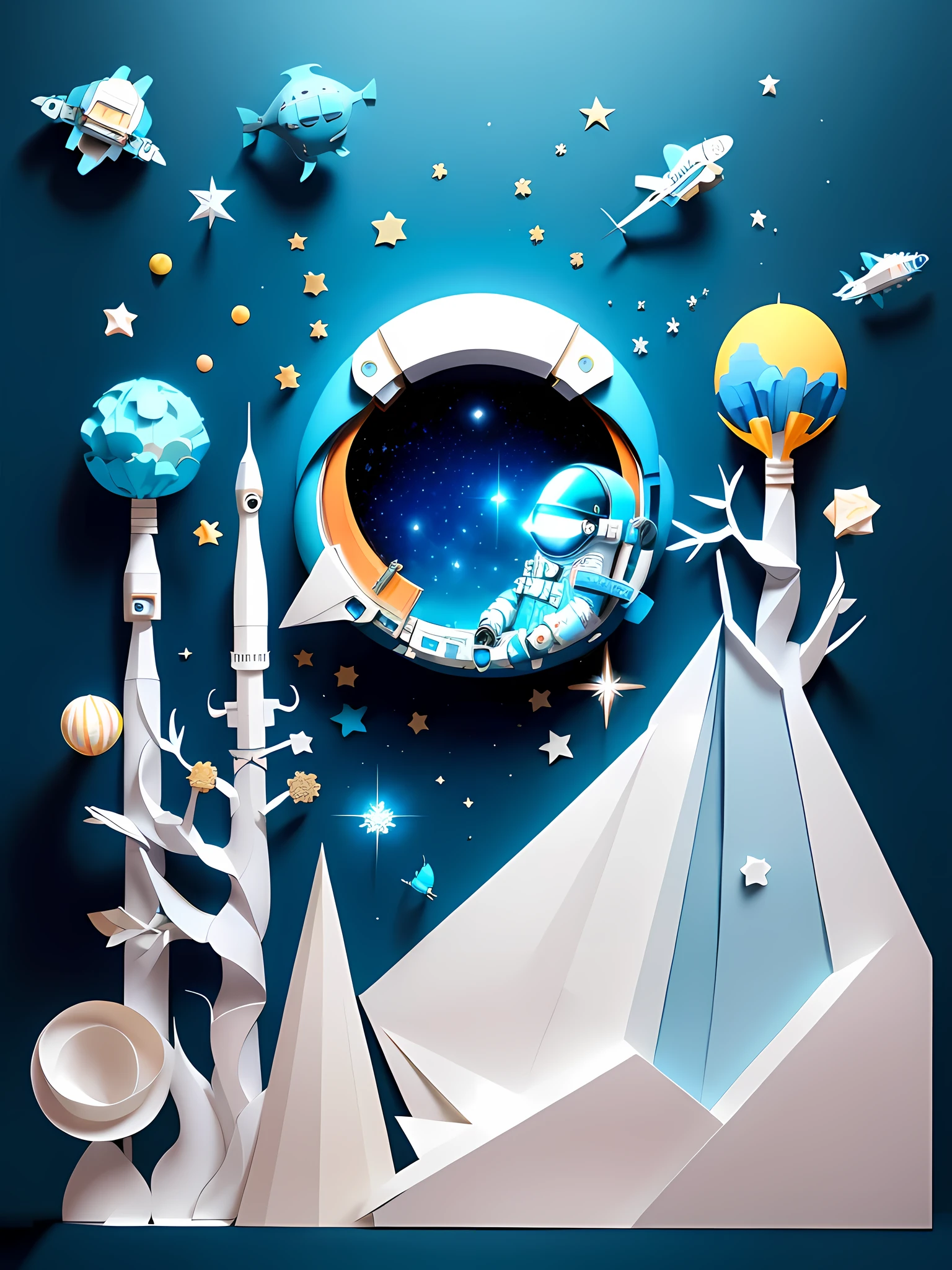 ((Masterpiece))), Best Quality, Light Blue Illustration, ((Astronaut)), Starry Sky, paper_cut, (White Background: 1.1)