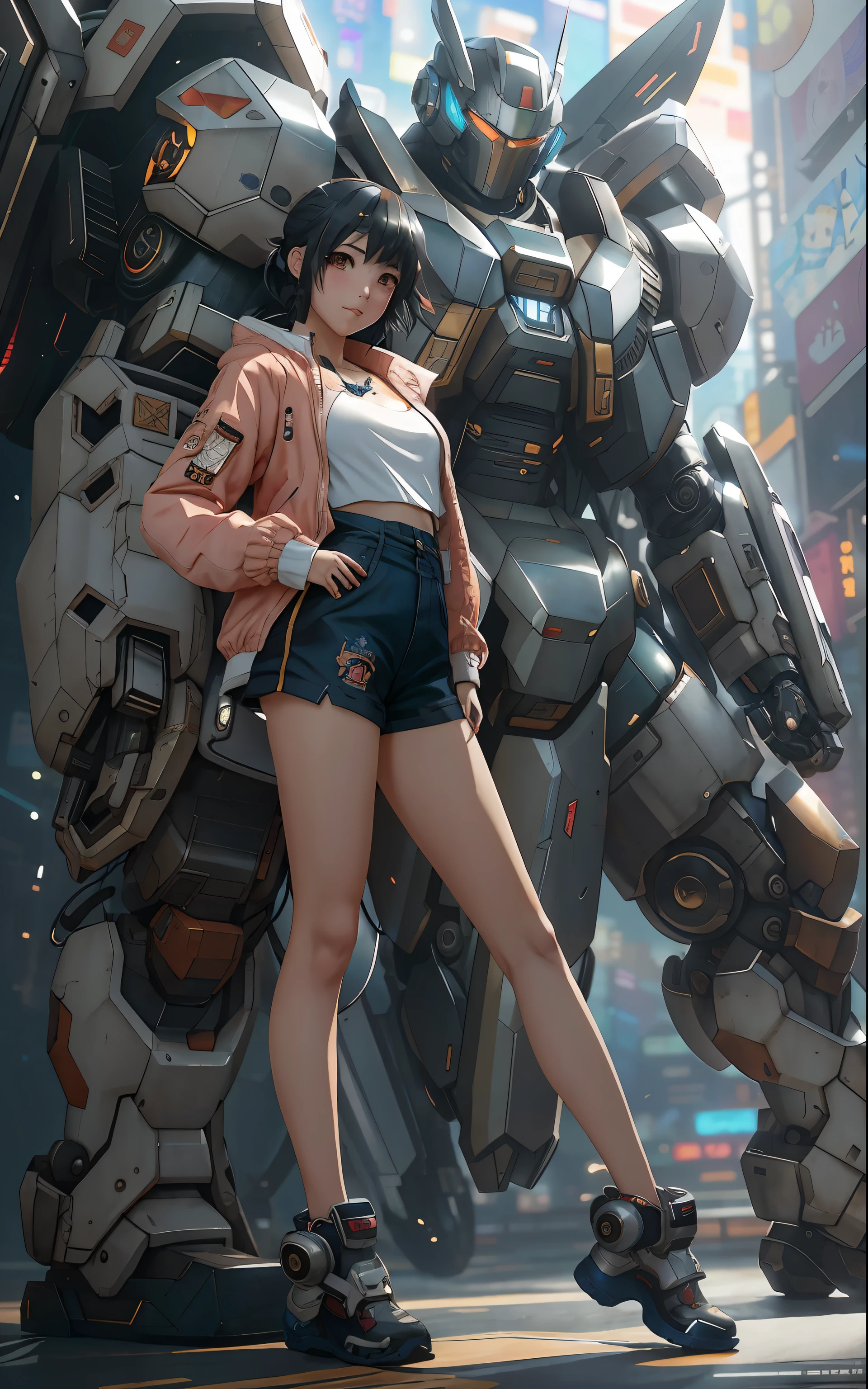 anime girl in short shorts and jacket standing next to giant robot, artwork in the style of guweiz, cyberpunk anime girl mech, trending on cgstation, guweiz, by Russell Dongjun Lu, digital cyberpunk anime art, ross tran 8 k, guweiz on artstation pixiv, girl in mecha cyber armor