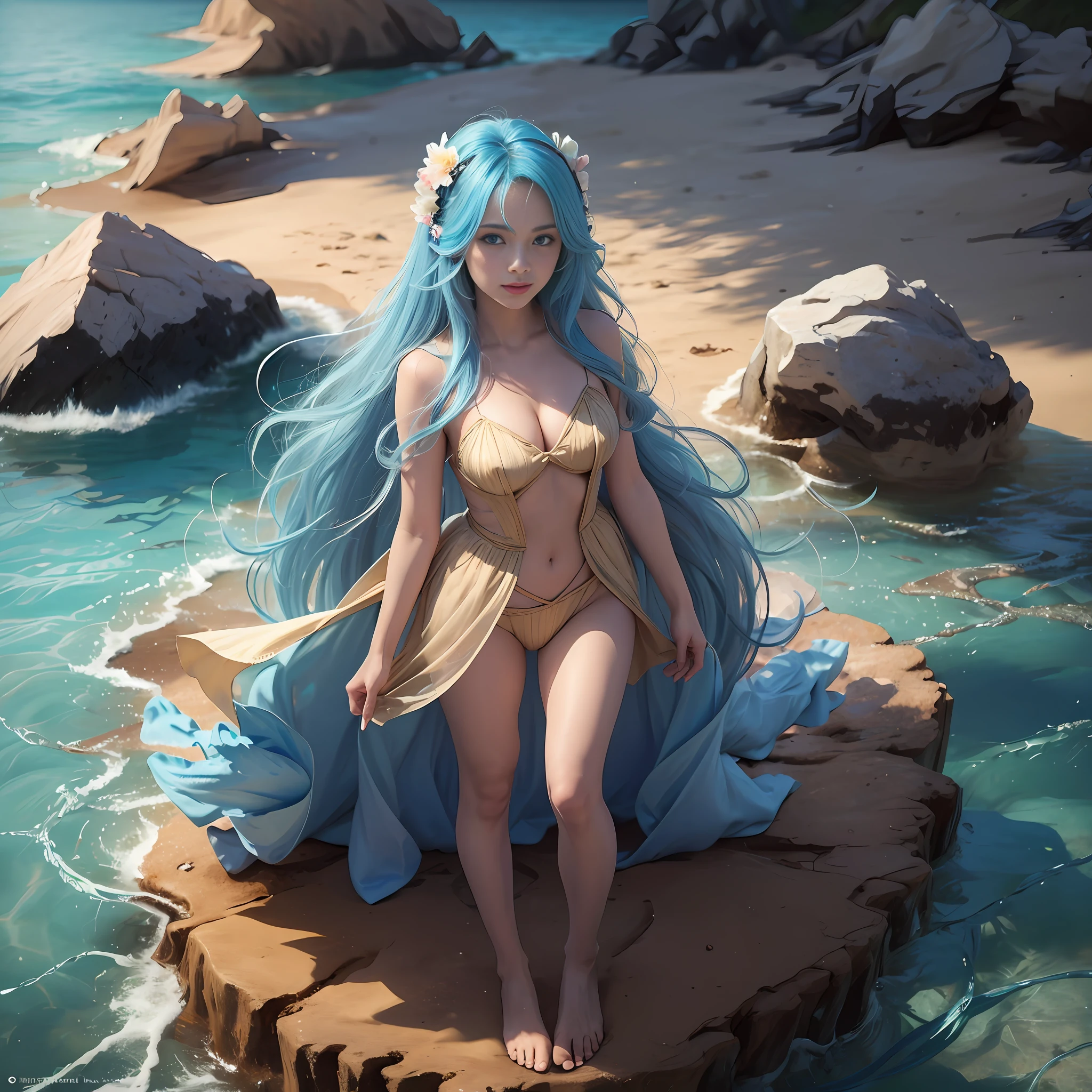 (masterpiece, best quality, 1girl, full body, nature, reeds, bloom, light smile, long hair, blue hair, blue eyes, pov: 1.8), (hourglass body: 1) (2 hands: 1) (easter eggs: 1.3) (5 fingers: 1) (super high quality: 1.5), 1 thumb,4fingers,Blonde girl stands on the sandy beach of the island, the sun shines on her shiny blonde hair --auto --s2