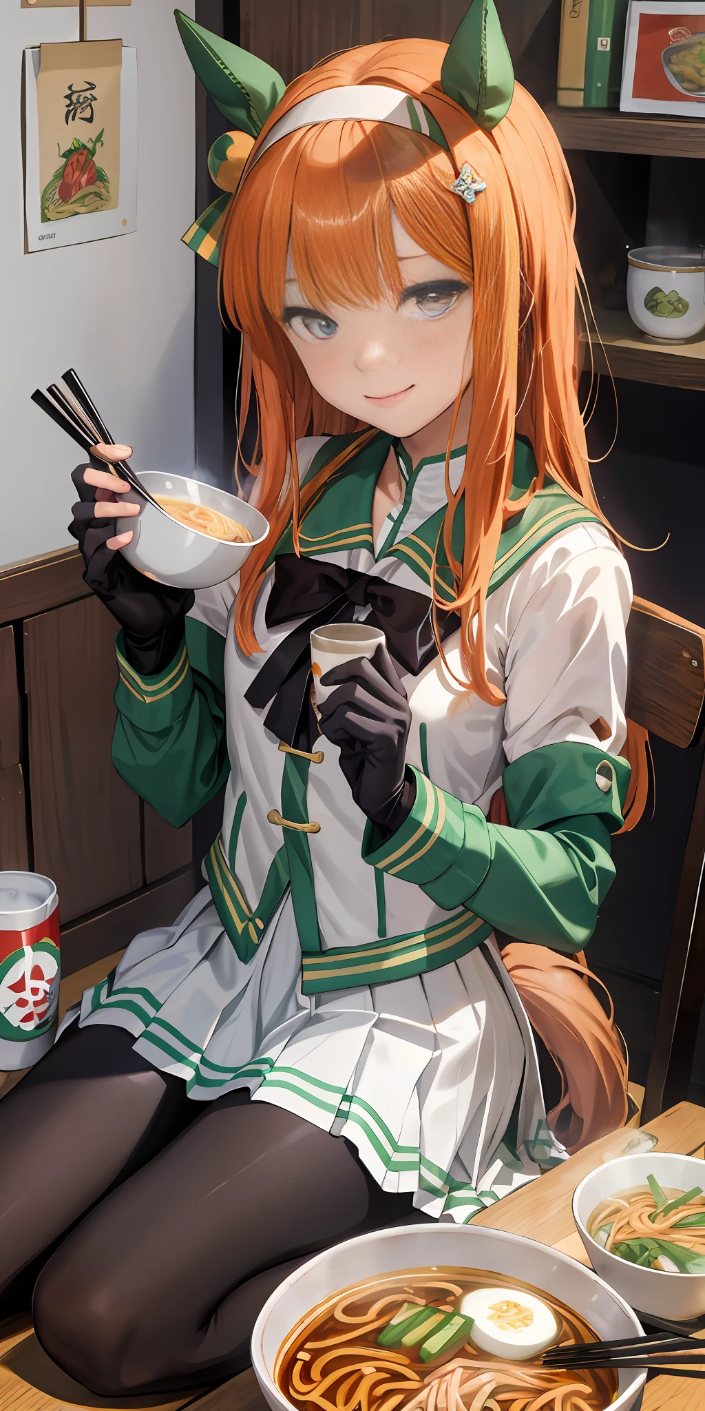 masterpiece, top quality, bewitching pose, full body wide angle, smile, (sitting:1.1) ,ichiraku ramen, (eating ramen noodles:1.0), holding chopsticks and ramen bowl, slurp one's noodles,
silence suzuka \(umamusume\), black gloves, white skirt, pleated skirt, black pantyhose, layered sleeves, puffy short sleeves, short over long sleeves, black bow, festival,