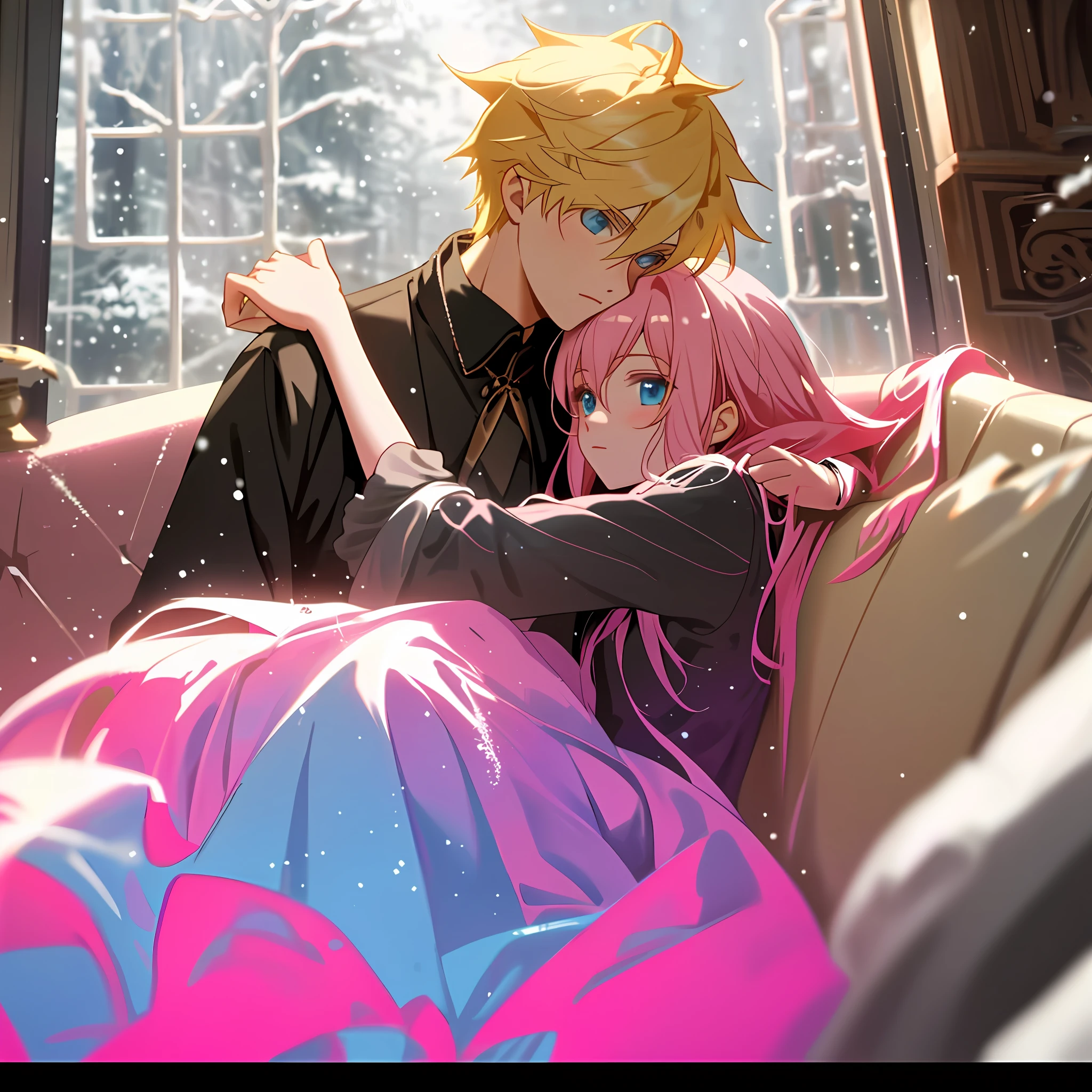 On a sofa, a girl with pink hair and blue eyes was lying in the arms of a blonde boy, two people, in front of a bonfire, and it was snowing from the window behind her, the boy was handsome, the girl was cute