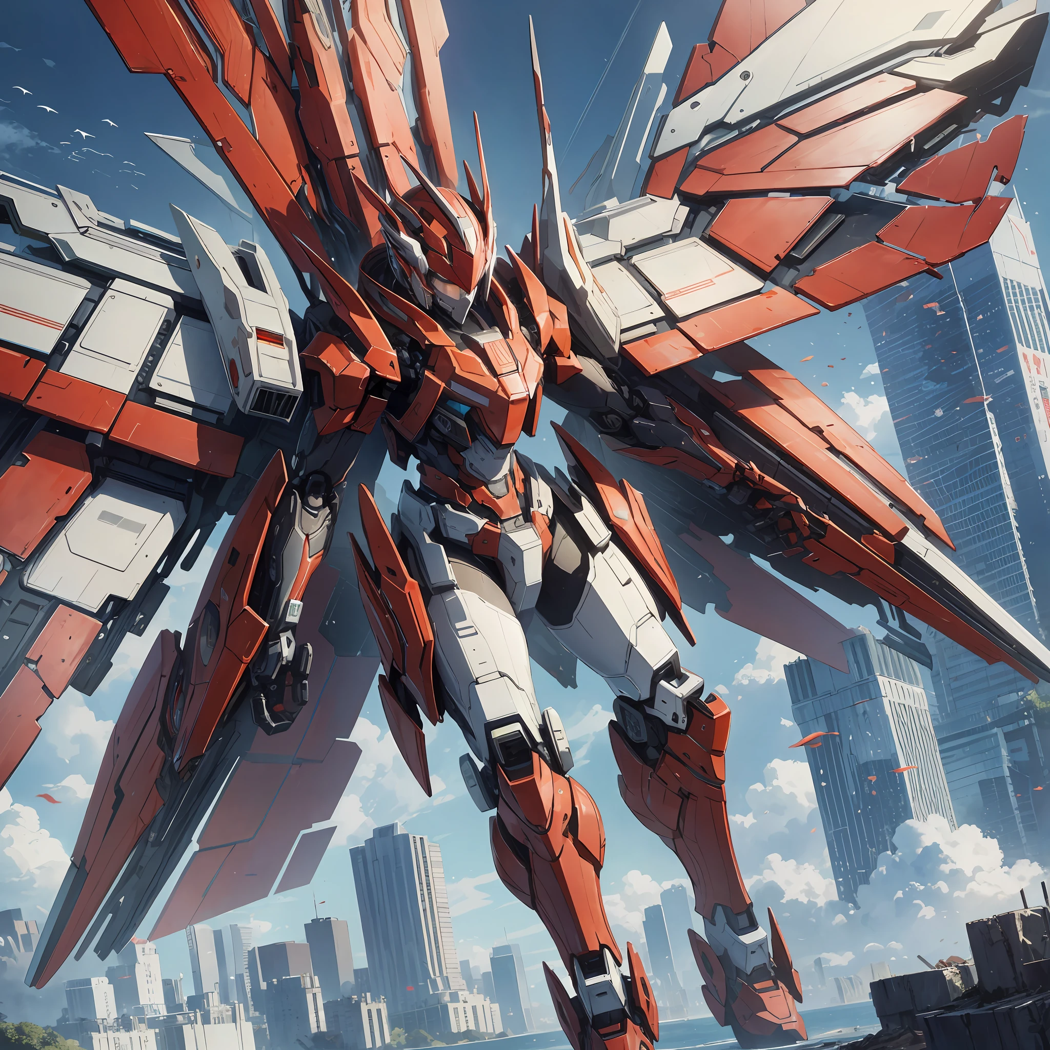 Absurd resolution, high resolution, (masterpiece: 1.4), hyper-detail, a mech, red armor with red wings, floating flight in the sky (1.8) background is wild, fire