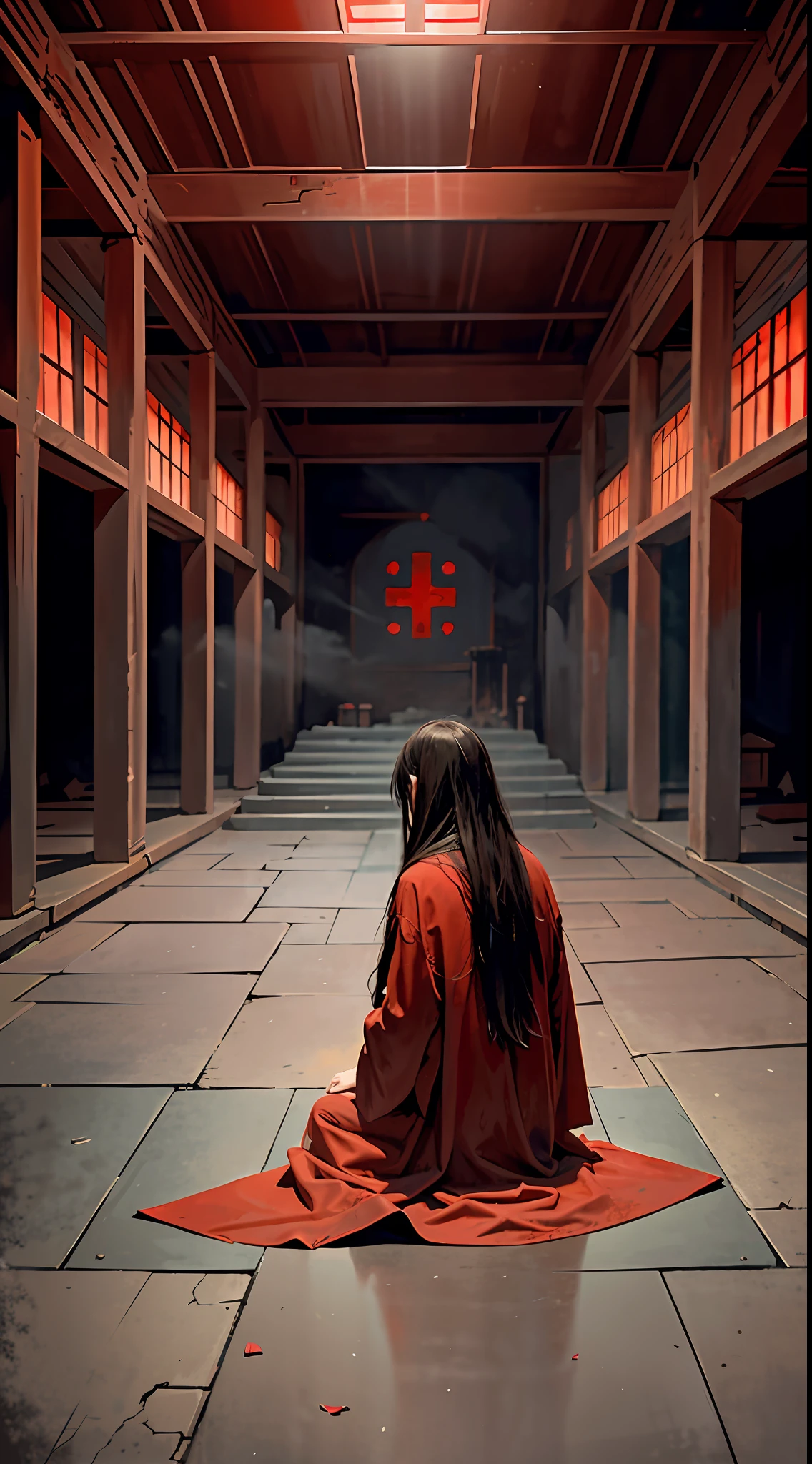 Kneeling on the ground, man, long hair, back to the audience, hands folded, faceless, wearing red robes, among the temples, tattered, ragged, dirty, sketching, anime key visuals, fog, evil, Bauhaus art, dramatic lights, mystery