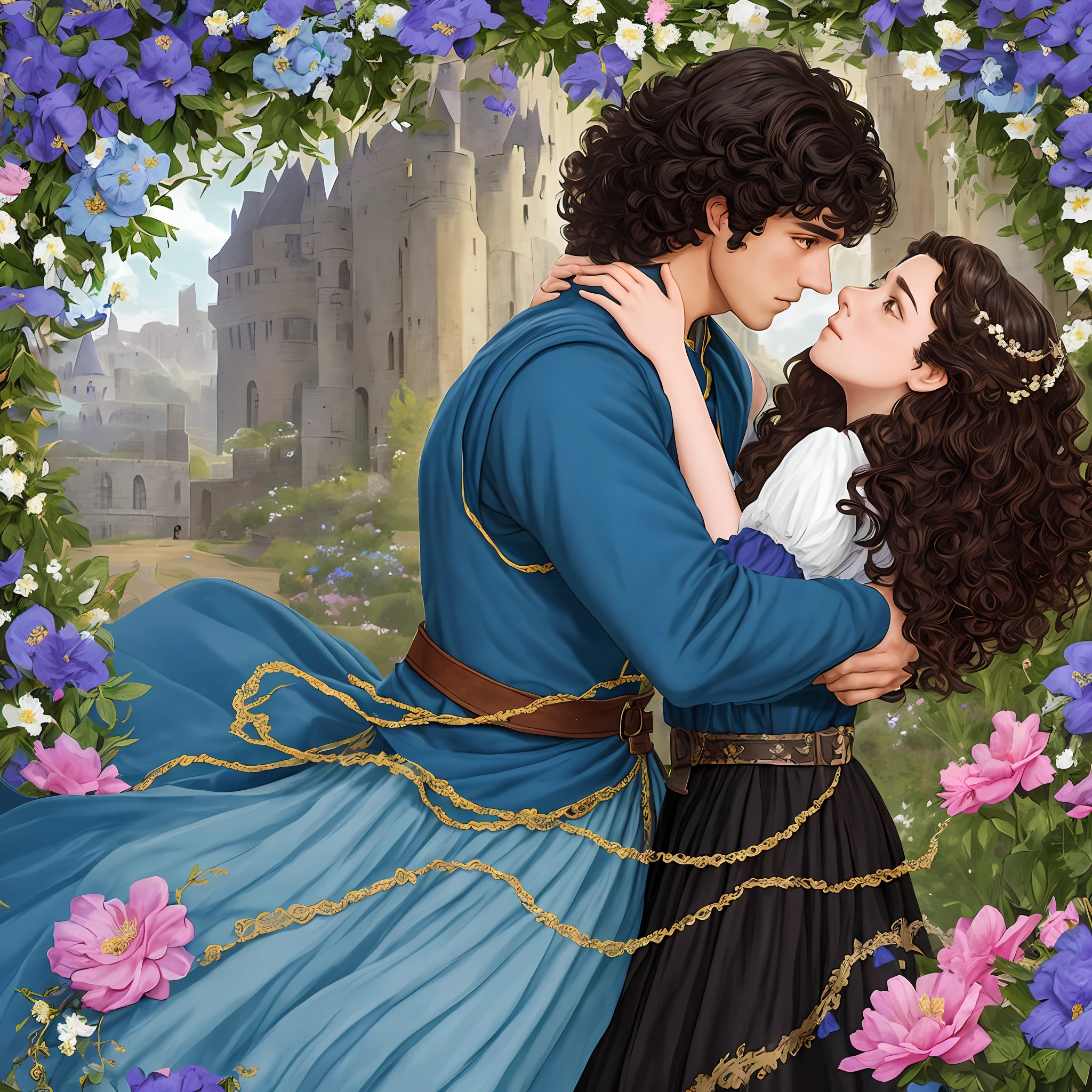 Ron Thompson is a prince who has dark brown hair, wears a medieval military outfit and is in love with Luna Gonzalez, a commoner, who has curly black hair and wears a blue dress, the two kiss very affectionately, illustration of a novel book cover with a detailed, soft and bright background full of flowers.