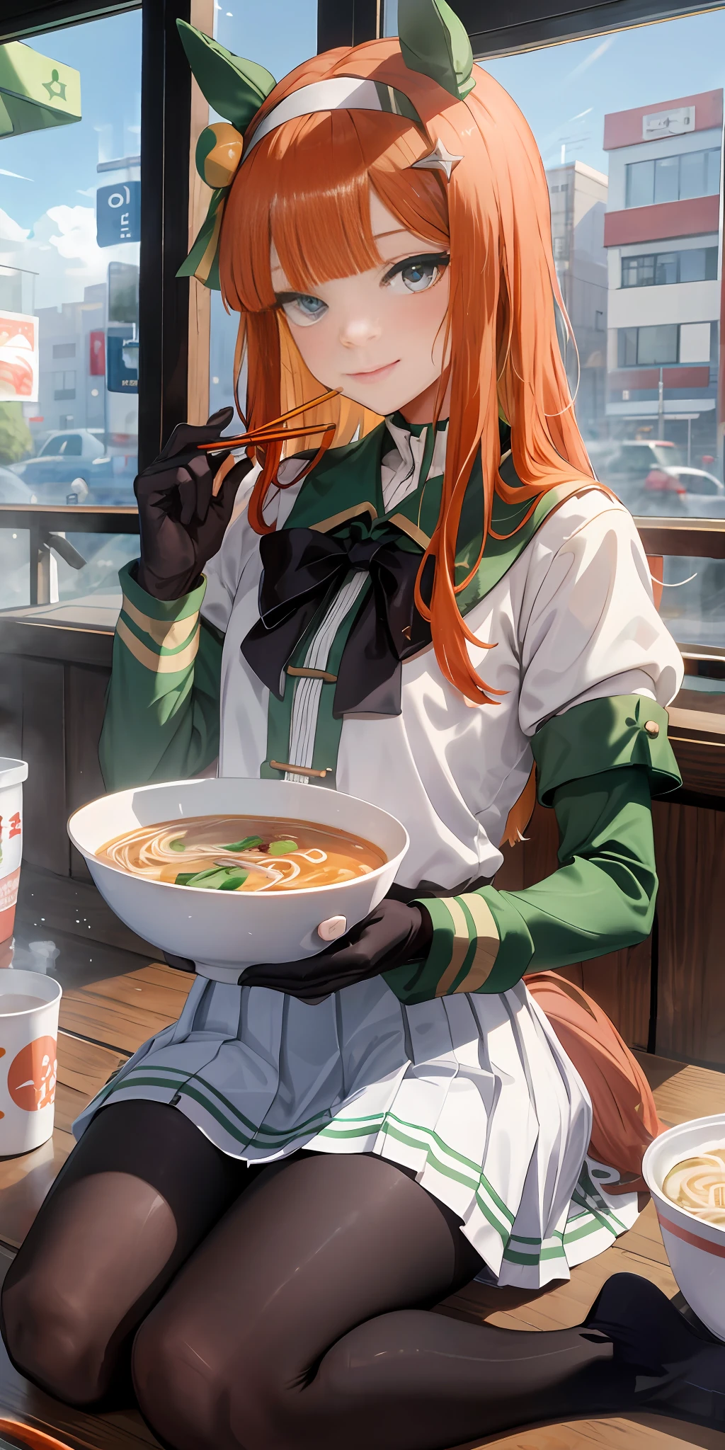 masterpiece, top quality, bewitching pose, full body wide angle, smile, (sitting:1.1) ,ichiraku ramen, (eating ramen noodles:1.0), holding chopsticks and ramen bowl, slurp one's noodles,
silence suzuka \(umamusume\), black gloves, white skirt, pleated skirt, black pantyhose, layered sleeves, puffy short sleeves, short over long sleeves, black bow, festival,