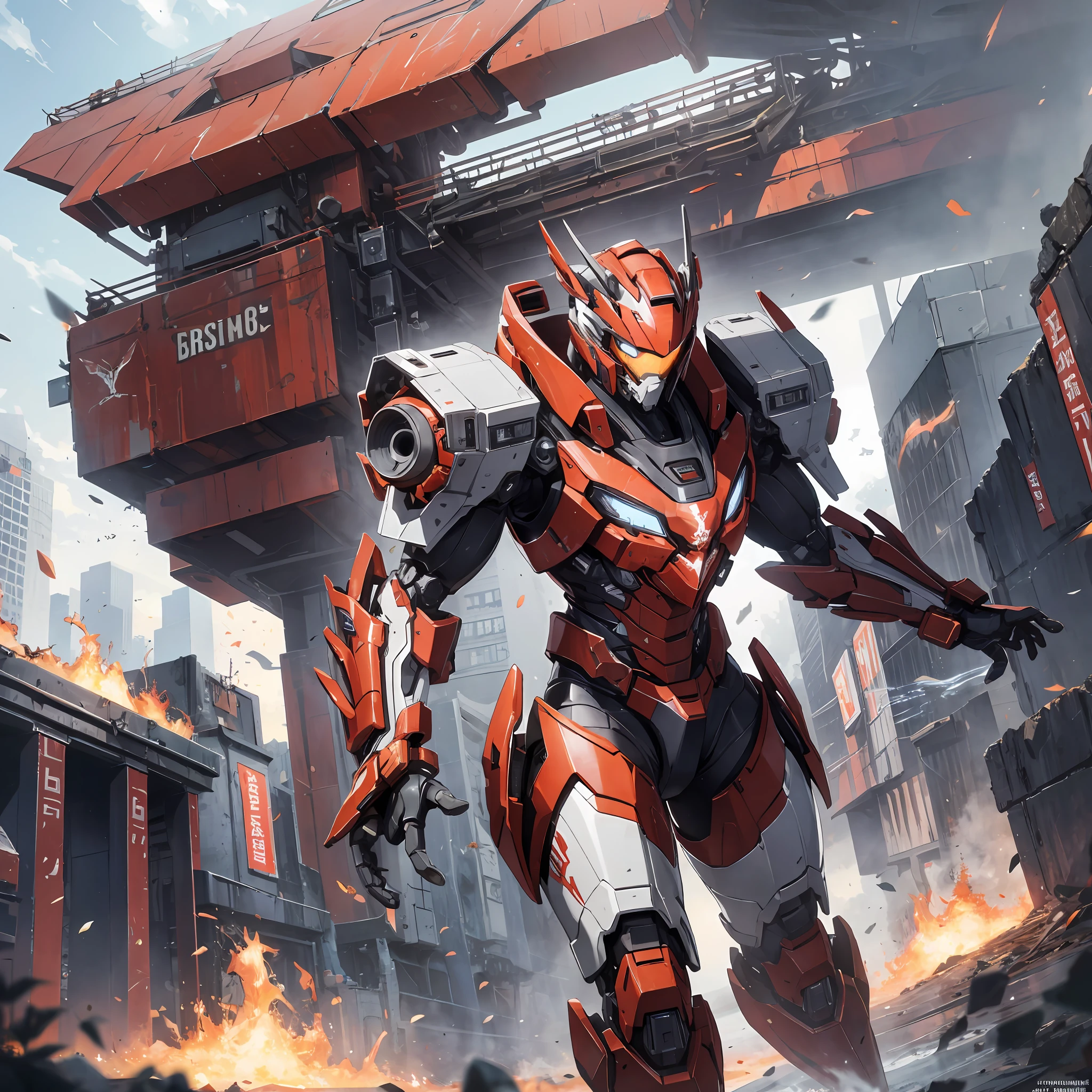 Absurd resolution, high resolution, (masterpiece: 1.4), hyper-detail, a mech, red armor with red wings, floating flight in the sky (1.8) background is wild, fire