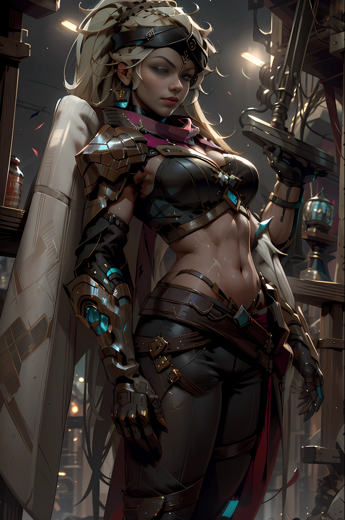 Tadhla, 1girl, solo, long hair, blonde hair, large breasts, gloves, navel, cleavage, jewelry, very long hair, ponytail, braid, midriff, pants, scarf, armor, shoulder armor, red scarf, cyan eyes, glowing eyes, desert, outdoors, night, parted lips, smirk  (dark theme:0.9), grim, cold stare, dark colors, volumetric lighting, dynamic lighting hyperdetailed intricately detailed, (hdr:1.22), muted colors, complex background, hyperrealism, hyperdetailed, amandine van ray