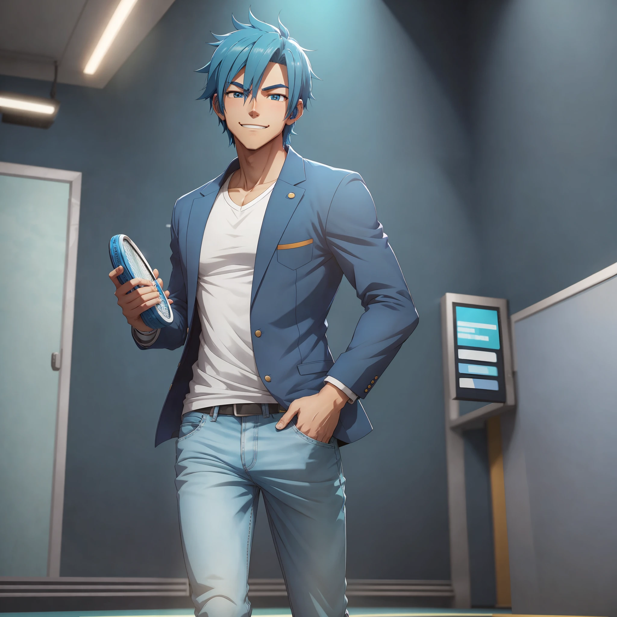 Animation of the young character smiling with anime style, blue hair, is wearing a blue shirt and blazer for a professional look. He wears jeans and a pair of sneakers, (is in a tennis shop) Welcoming himself complete with a background and Professional Closure 8.0 in 3D. Collection 4D, n-6. No text. --auto --s2