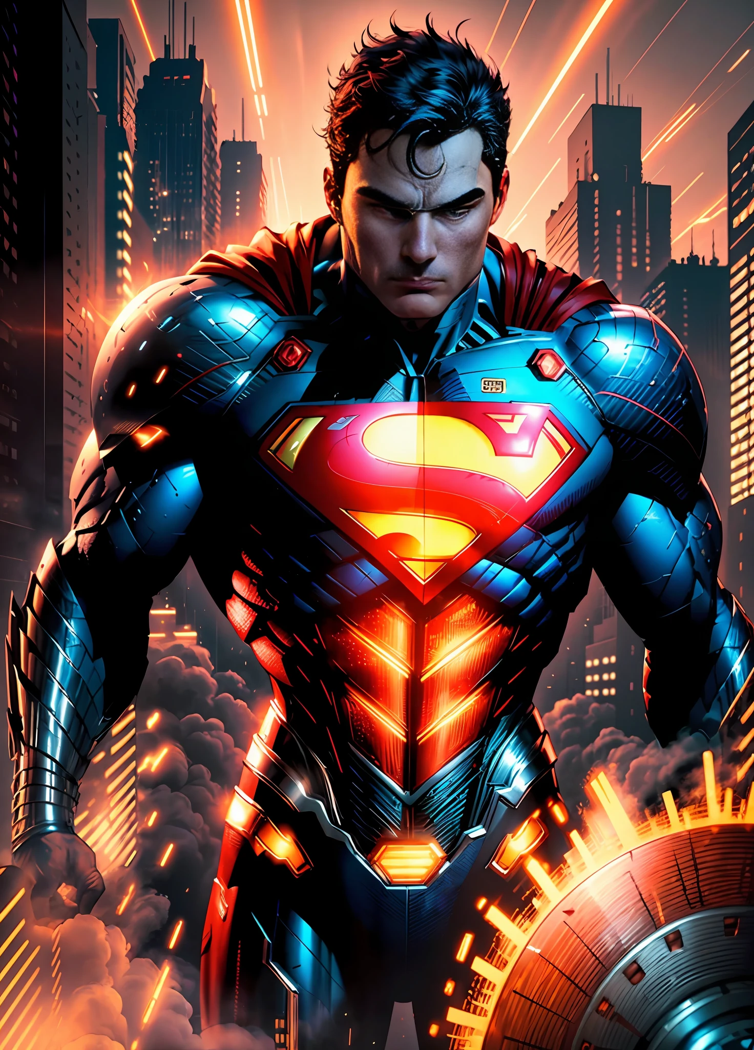 (extremely detailed CG unity 8k wallpaper, masterpiece, best quality, ultra-detailed), (best illumination, best shadow, an extremely delicate and beautiful), floating,

[(((1man))), (Cyborg:1.2+Superman:1.3), red eyes, metallic muscles, glowing blue lines, detailed metallic armor, heroic pose):0.8],

[(futuristic cityscape, night time, glowing neon lights:1.2, smoke, sparks, metal shavings, flying debris, blue energy effects, Volumetric light):0.5]