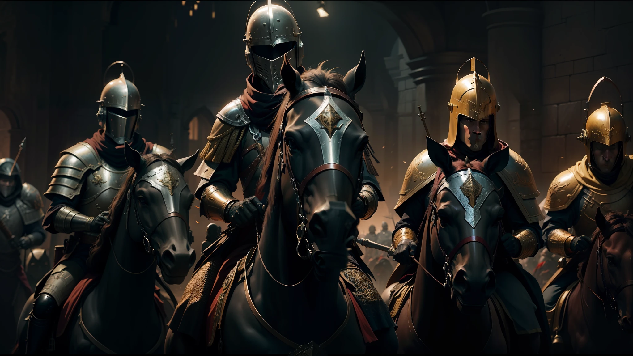 a close-up of a group of helmed knights riding horses, cinematic red lighting, best of behance, unsplash 4k, tactical squadrons: 9, anamorphic flags, from an early 13th century, key animation shot, by Daryush Shokof, lighting dramatic. stylized, military art, (art station), still from a music video, wh 4 0 k art