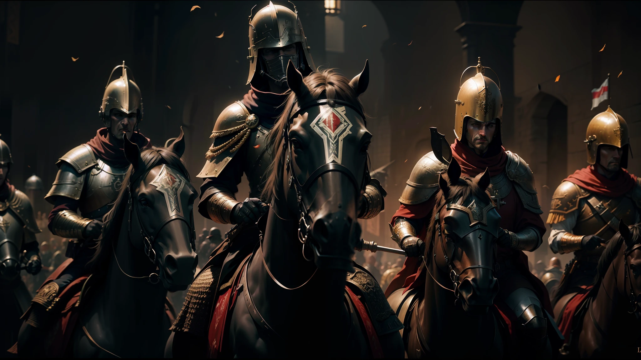 a close-up of a group of helmed knights riding horses, cinematic red lighting, best of behance, unsplash 4k, tactical squadrons: 9, anamorphic flags, from an early 13th century, key animation shot, by Daryush Shokof, lighting dramatic. stylized, military art, (art station), still from a music video, wh 4 0 k art