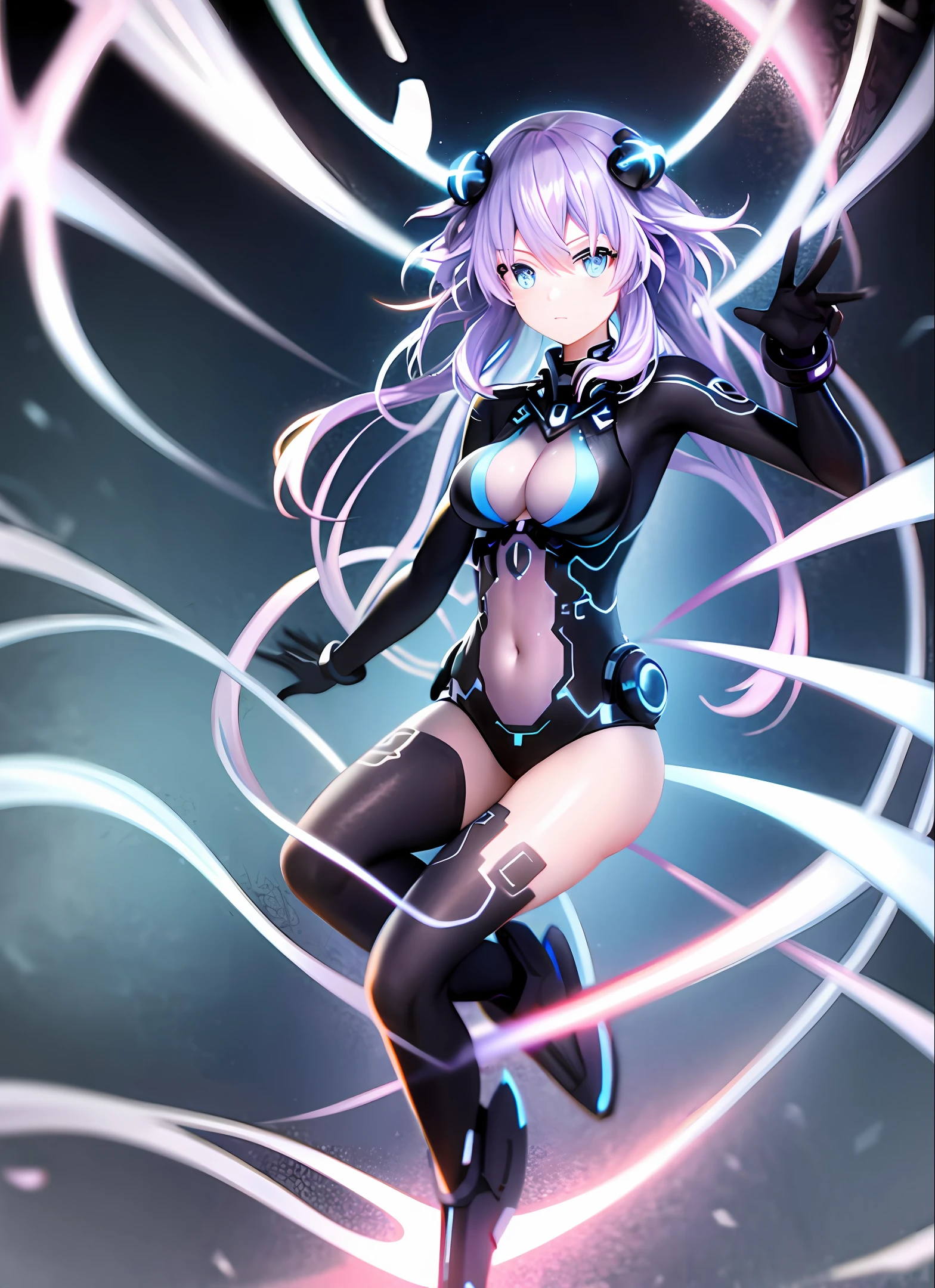 Body completely black, light blue eyes, infinity symbol vertical on the chest,