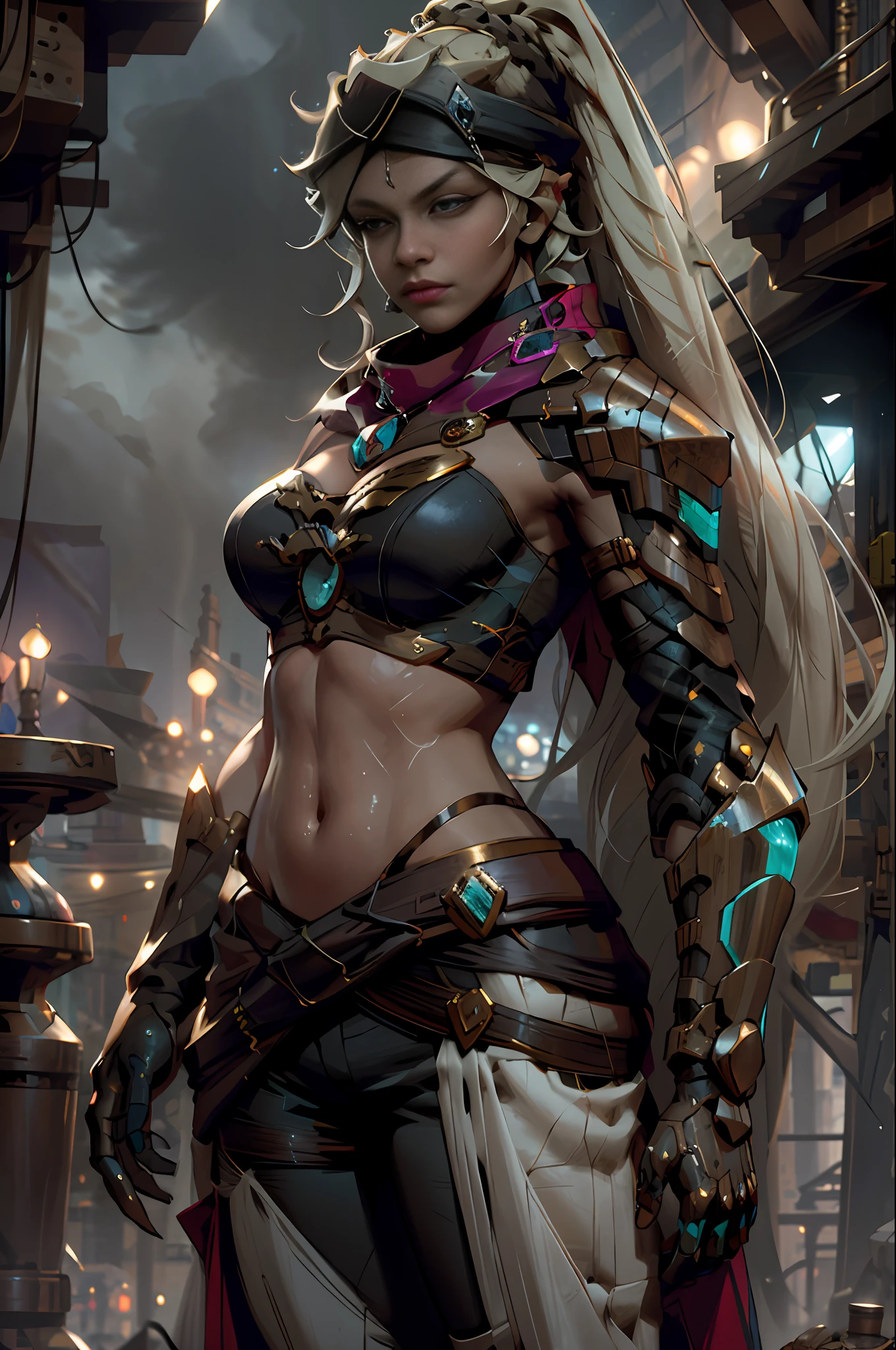 Tadhla, 1girl, solo, long hair, blonde hair, large breasts, gloves, navel, cleavage, jewelry, very long hair, ponytail, braid, midriff, pants, scarf, armor, shoulder armor, red scarf, cyan eyes, glowing eyes, desert, outdoors, night, parted lips, smirk  (dark theme:0.9), grim, cold stare, dark colors, volumetric lighting, dynamic lighting hyperdetailed intricately detailed, (hdr:1.22), muted colors, complex background, hyperrealism, hyperdetailed, amandine van ray