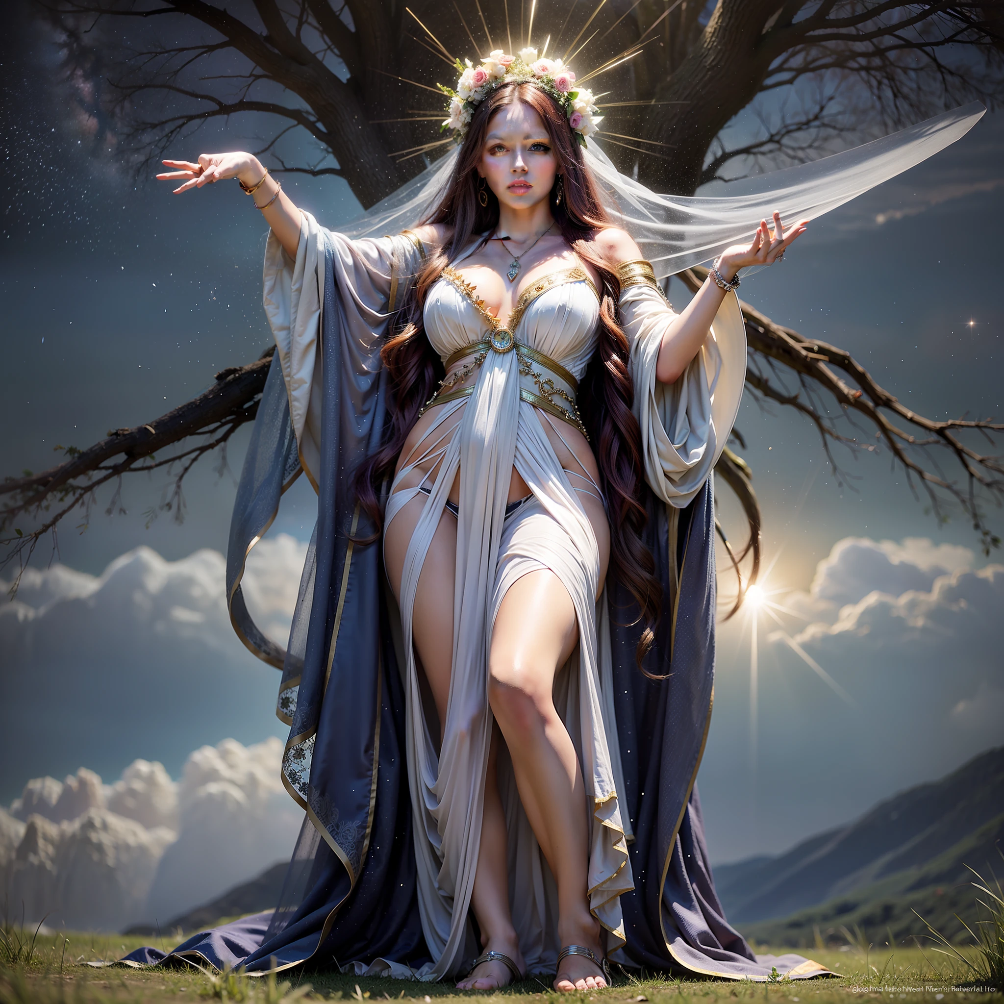 hyper-realism, celestial and twilight background A beautiful druid woman stands in a clearing, her hands raised in reverence to the big bear standing next to her
