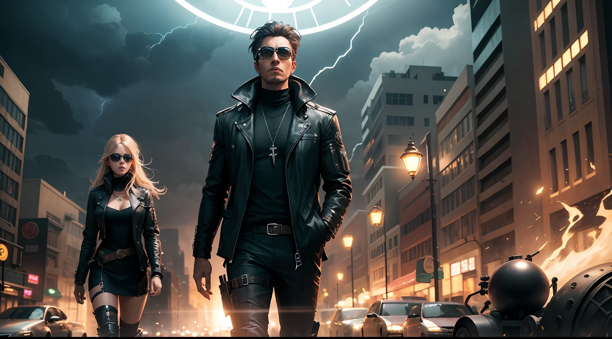 /imagine prompt: illustration of A gangster man wearing a black windbreaker and sunglasses stepped out of the energy ball ,Black clad man::8, Sunglasses::15, Holding a gun in hand::15, City center::8, Energy ring::16, Crossing Lightning::8, Walking out of the Time Tunnel::10, A lot of lightning::15, Center the composition::5, up view::6, Unreal Engine::10, beautiful lighting::10, Cinematic light::11, Volumetric light::6, Fantasy::6, Pop art::5, hyper quality::6, Futuristic Robots::2, Steampunk::10 --seed 252441588 --s 400 --q 2 --c 30