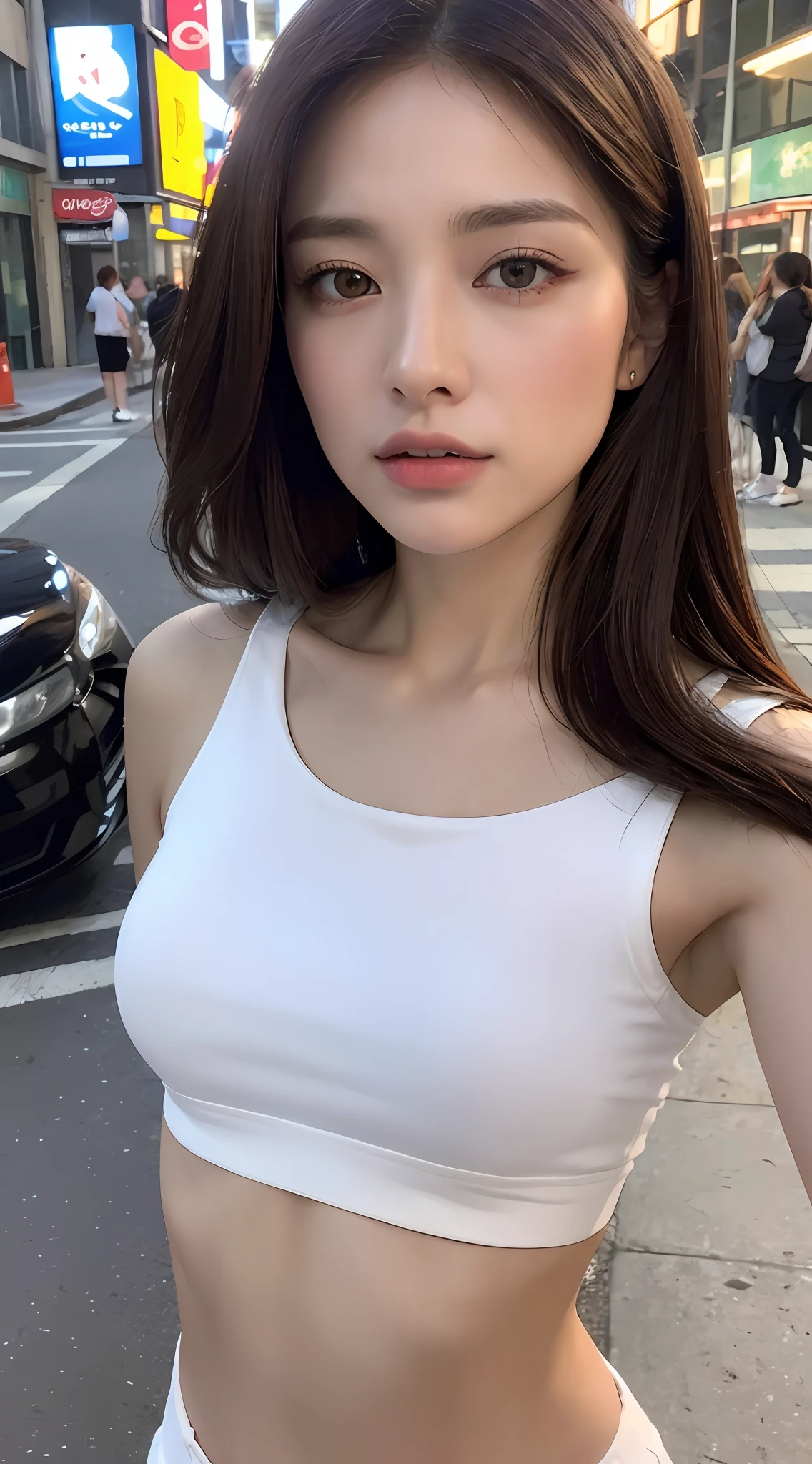 ((Realistic lighting, Best quality, 8K, Masterpiece: 1.3)), Clear focus: 1.2, 1girl, Perfect Figure: 1.4, Slim Abs: 1.1, ((Dark brown hair)), (White crop top: 1.4), (Outdoor, Night: 1.1), City streets, Super fine face, Fine eyes, Double eyelids,