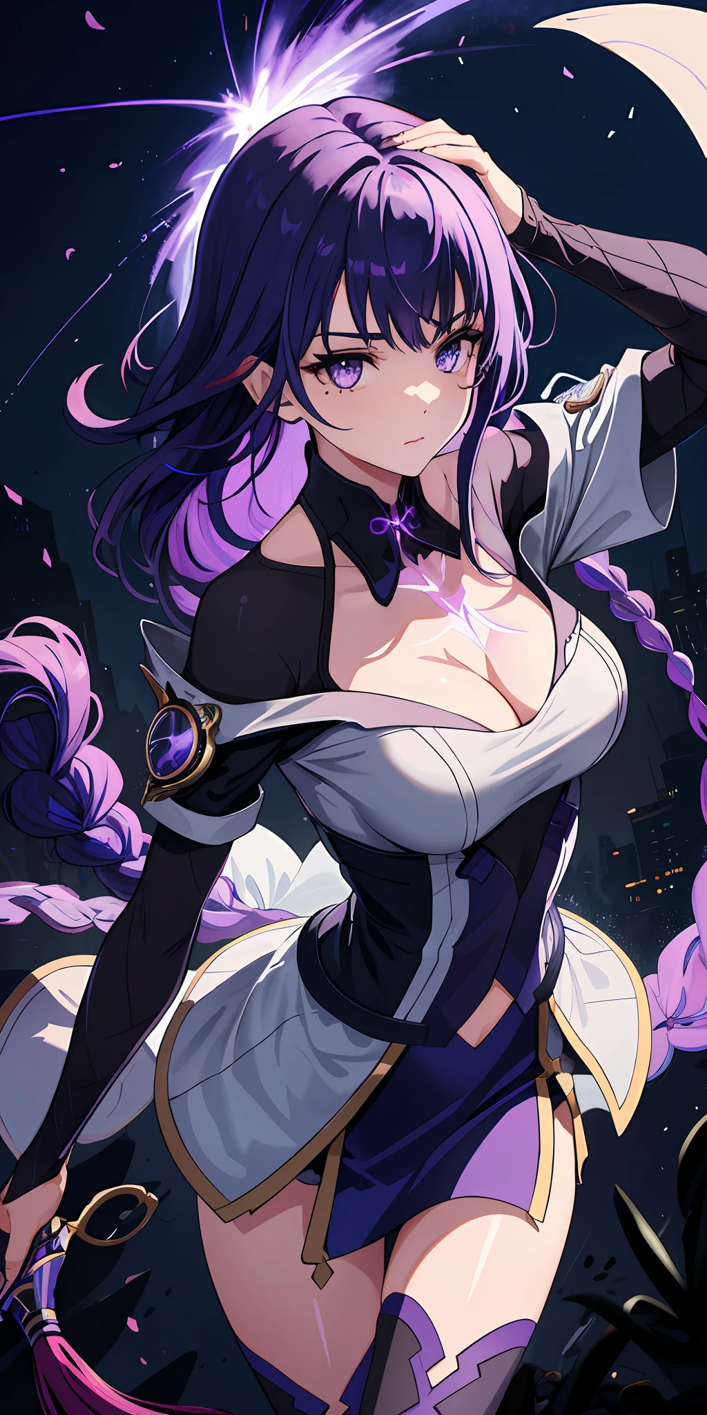 1girl, purple hair, symbol-shaped pupils, lightning witch, lightning, light particles, light rays, wallpaper, colorful,