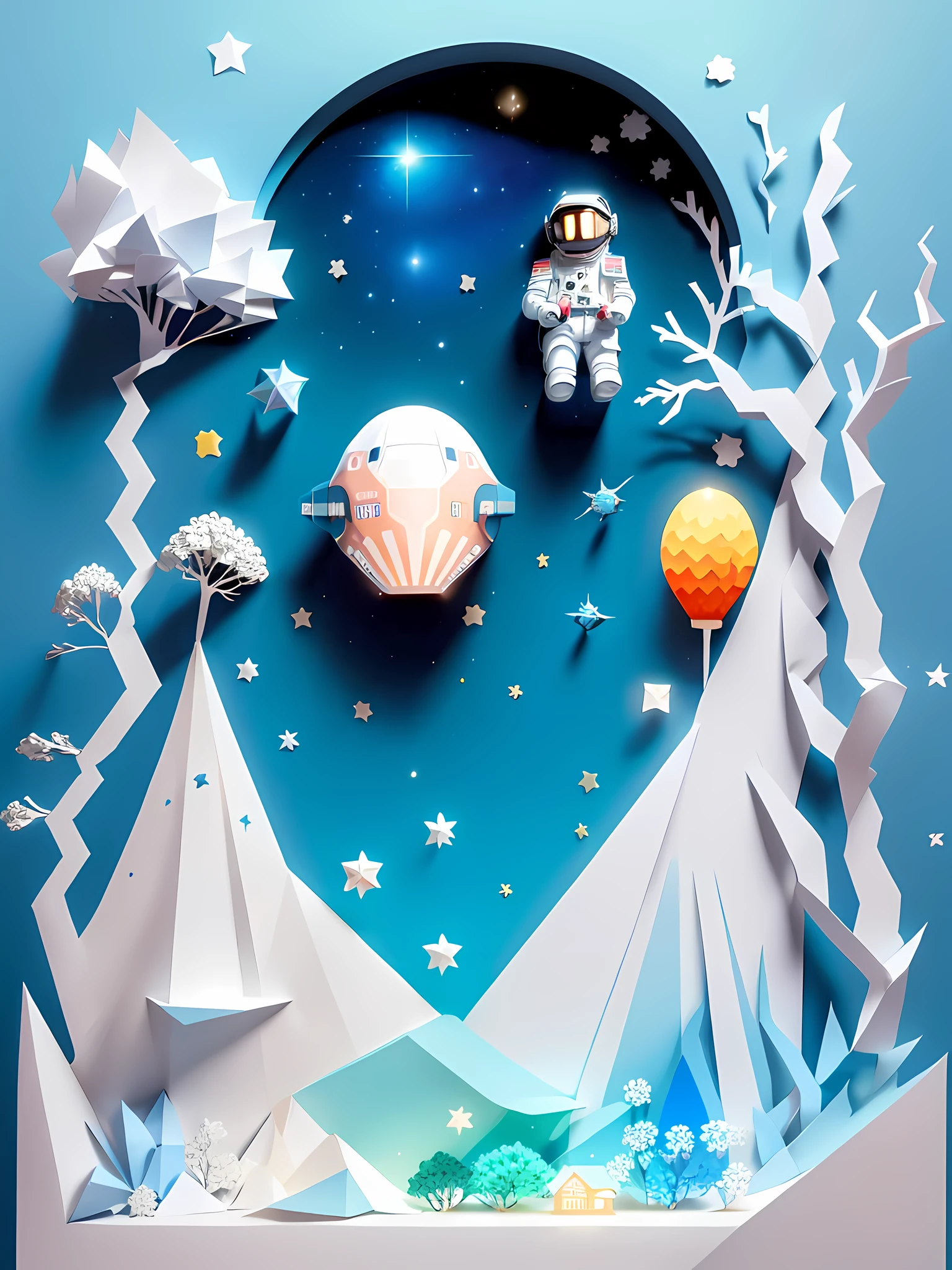((Masterpiece))), Best Quality, Light Blue Illustration, ((Astronaut)), Starry Sky, paper_cut, (White Background: 1.1)