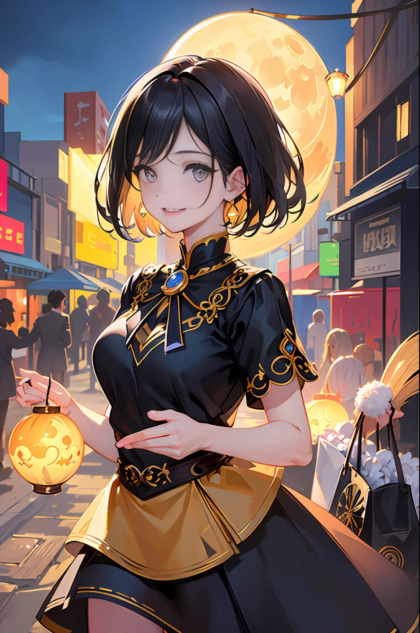 masterpiece, best quality, ultra-detailed, illustration,(halfbody shot,street,moon lamps),Masterpiece, 1girl, solo exhibition, beautiful woman on the bustling street, surrounded by hawkers, beautiful goddess girl portrait, beautiful and detailed face, porcelain skin, (((bust shot, center, night, black hair, short hair)), super soft lighting, symmetry, complexity, elegance, high detail, realism, art, concept art, smile, fantasy clothes