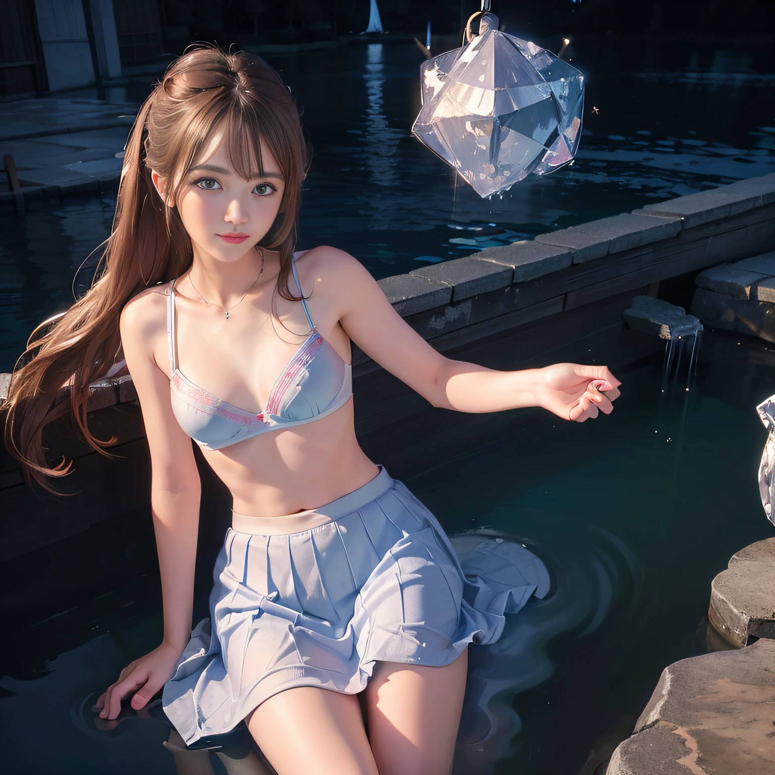 ((masterpiece)), 4k, beautiful (((Japanese cute idle))), ((best quality)), professional lighting, highres, 35 mm lens, f 1/1.4, 18 years old, blonde streaked braid hair, round face, short neck,(solo girl:1.45), supergirl, (wonder woman:0.6), (looking at viewer:1.3), (detailed face:1.2), full body, (red sparkly plunk lips:1.1), realistic painting, intricate, (realistic eye:0.9), (realistic painting:0.9), beautiful shine blue eyes, clean nasal bridge, frozen, soft tits, (school uniform:1.35), silky white cutter shirt, (sparkly red bra is transparent:1.1), (flat chest:0.8), ((small breasts)), smile, embarrassed, BREAK, very strong morning direct light, (bound and crucified with mass of chains made of crystal:1.3), (erotic:0.9), raise one arm, (many small fine ice crystals:1.1), ribs are faintly visible, (much water dancing in the air:1.3), bathing, outdoor, in pool, (shiny skin:1.2)