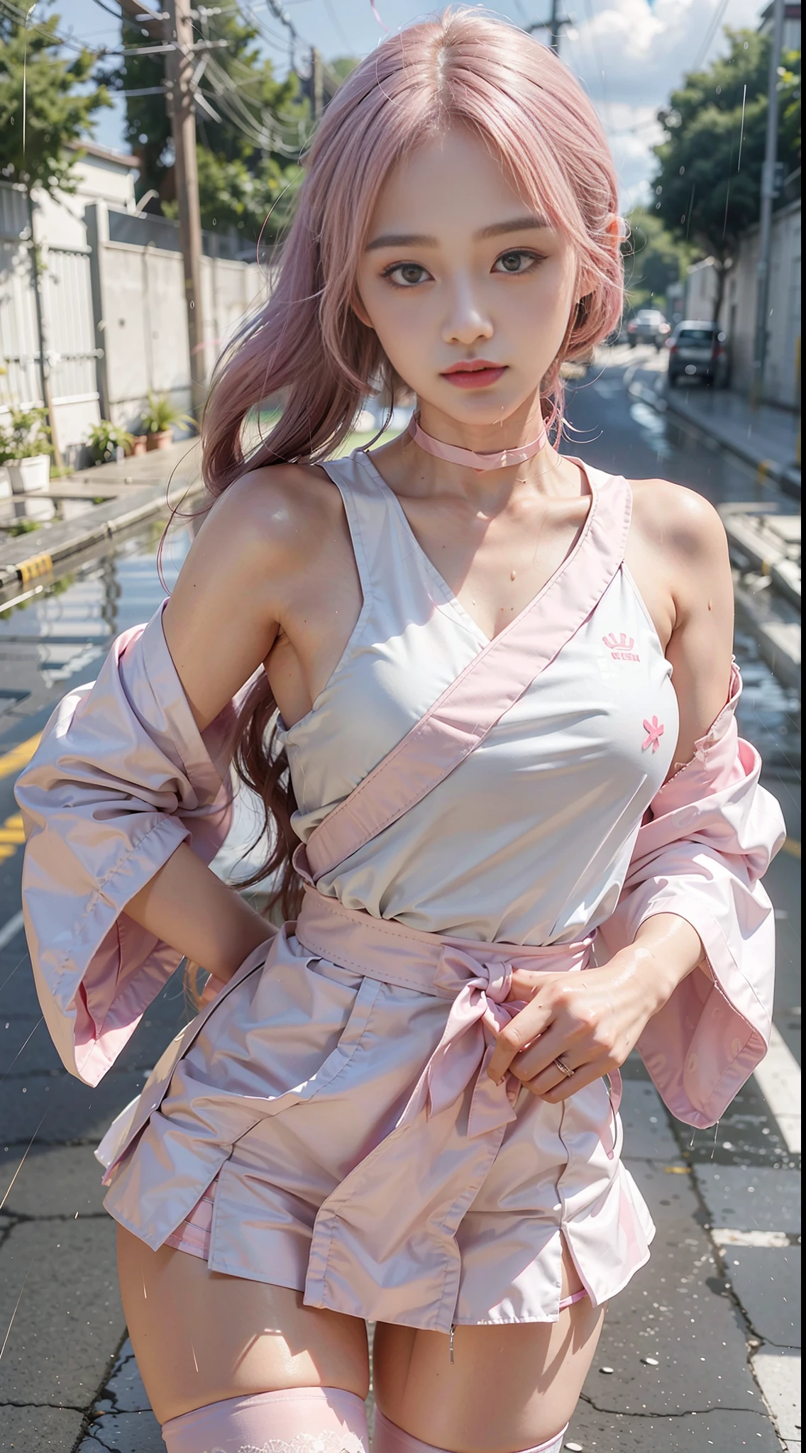 Girl posing for photo in Japanese school uniform, rainy street, wet skin, air bangs, running, large, clear eyes, slightly curly shoulder-length hair, cute, upper body, abdomen, pink white, streamers, pink kimono, suspender stockings, slave neck ring, slim figure, oversized bust, slim girl model, 18 year old female model,