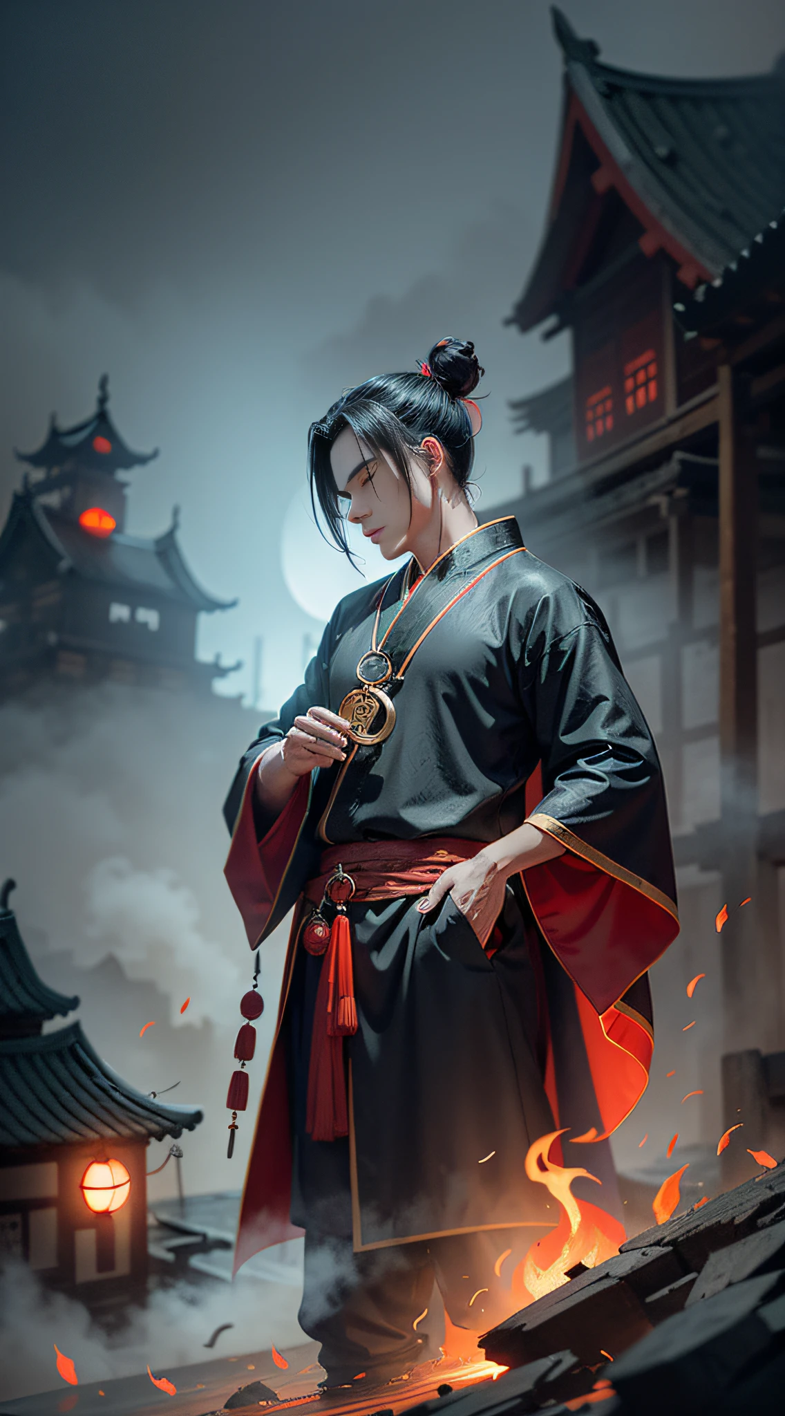 Male Taoist, Qiankun, Water and Fire, Taoist Robe, Bun, Sideways, Village, Night, Dilapidated, Spooky, Ragged, Dirty, Sketch, Anime Key Visuals, Fog, Evil, Bauhaus Art, Dramatic Lighting, Mysterious