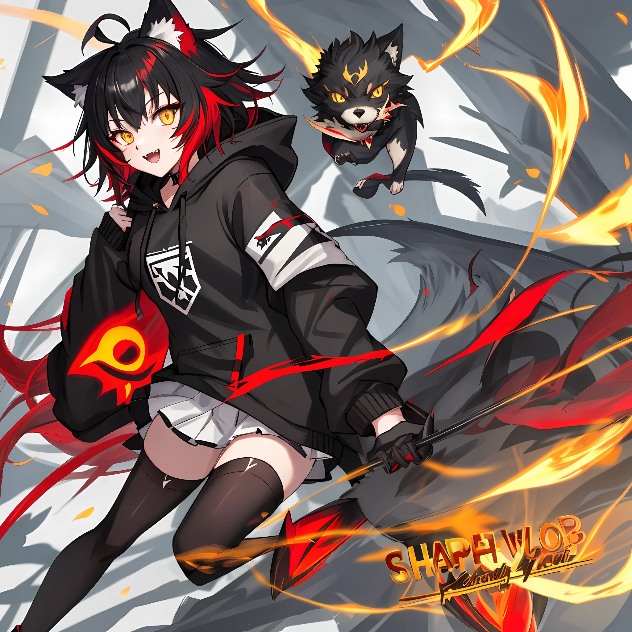 sharp wolf ears, girl, gold eyes, black pearlescent red hair, short messy hair, wolf tail, vibrant, HD, slim hoodie, toned, slim, fangs, black thigh socks,