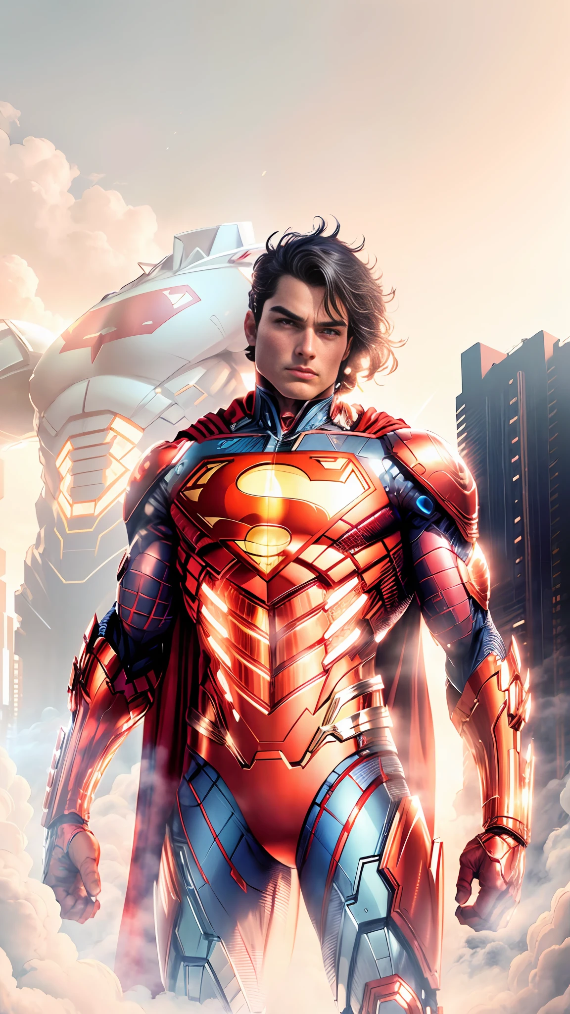 (extremely detailed CG unity 8k wallpaper, masterpiece, best quality, ultra-detailed), (best illumination, best shadow, an extremely delicate and beautiful), floating,

[(((1man))), (Cyborg:1.2+Superman:1.3), red eyes, metallic muscles, glowing blue lines, detailed metallic armor, heroic pose):0.8],

[(futuristic cityscape, night time, glowing neon lights:1.2, smoke, sparks, metal shavings, flying debris, blue energy effects, Volumetric light):0.5]