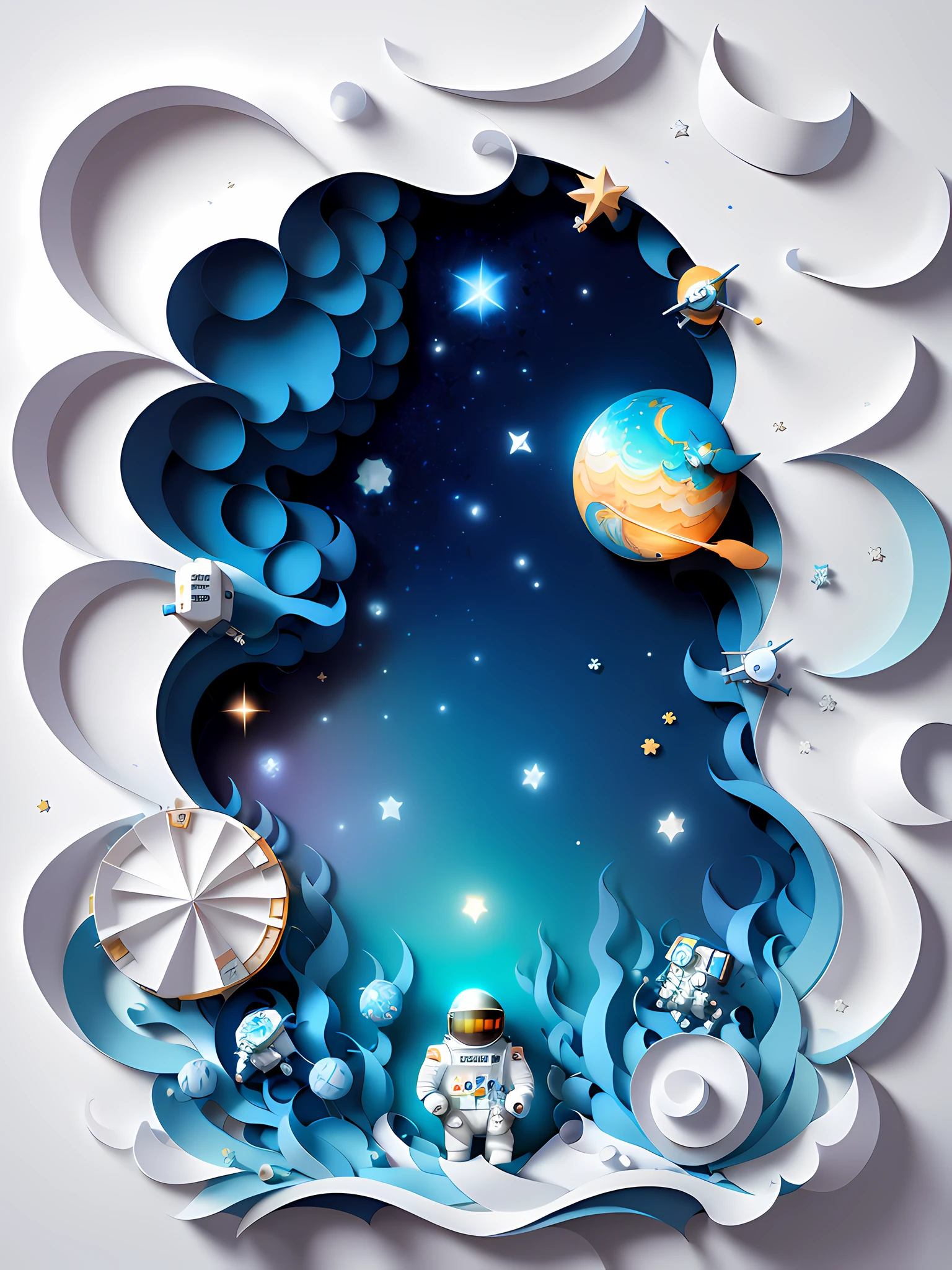 ((Masterpiece))), Best Quality, Light Blue Illustration, ((Astronaut)), Starry Sky, paper_cut, (White Background: 1.1)