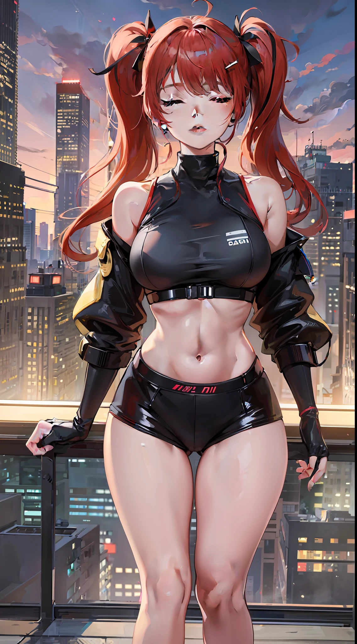 JK student clothes, full body photos, first person perspective, bad smiles, delicate faces, delicate fingers, location rooftop, female students, Cyberpunk, neon lights, golden ratio figure, red hair, tongue out, doyagao, closed eyes, hairclip, twintails, Surrealism, depth of field, anaglyph, Sony FE GM, emphasis lines, high detail, cinematic lighting, drop shadow, first-person view, highres, 8k, award winning, masterpiece, ccurate, high quality, anatomically correct, super detail, textured skin, 4K, retina