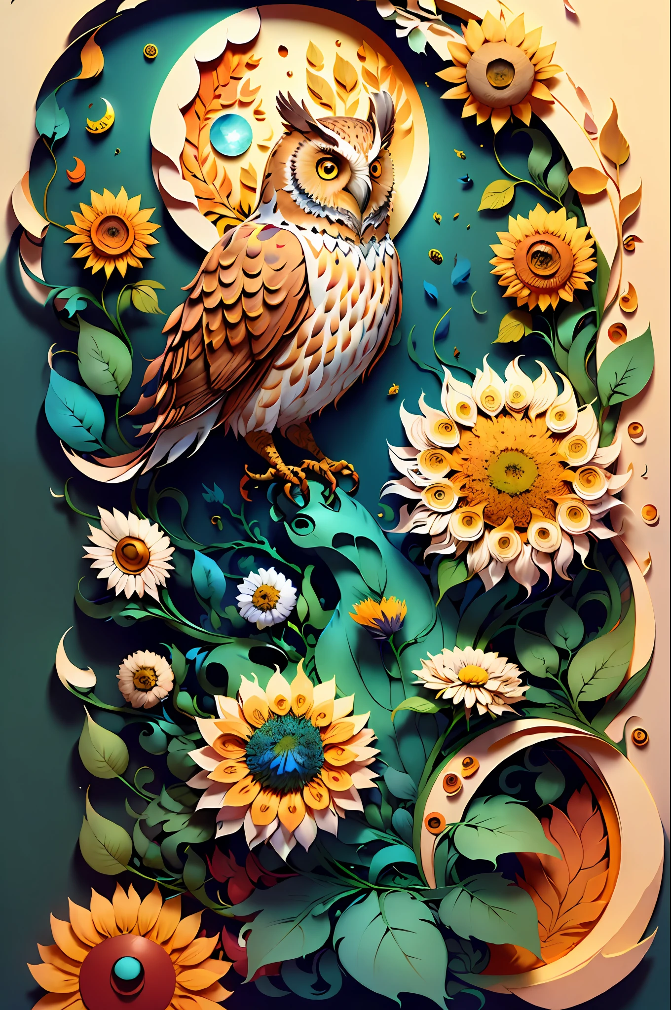 (((masterpiece))),bestquality,illustration,beautifuldetailedglow,
paper_cut, big owl, tree, moon, sunflowers, tree leaves