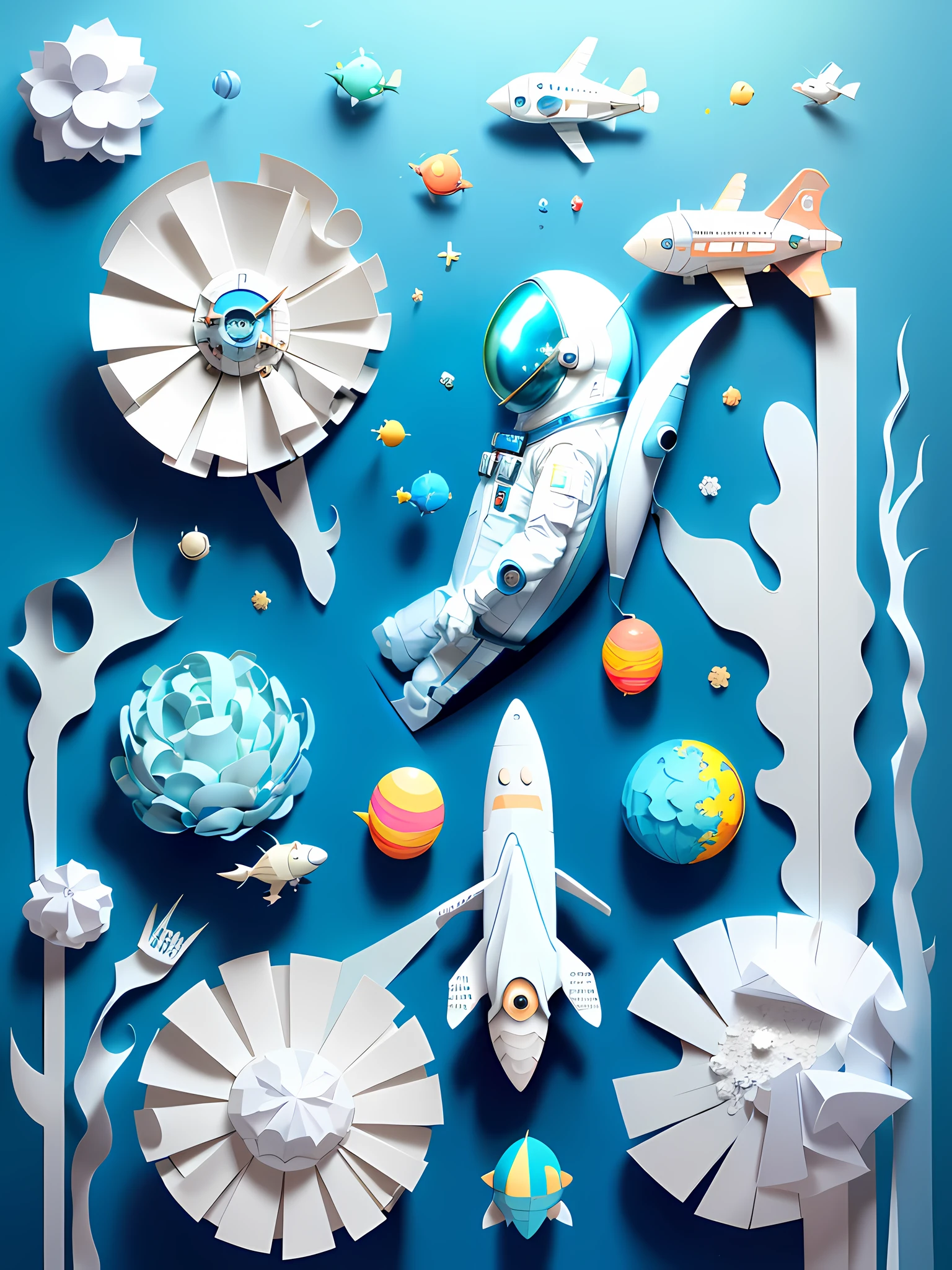 ((Masterpiece))), Best Quality, Light Blue Illustration, ((Astronaut)), paper_cut, (White background: 1.1)