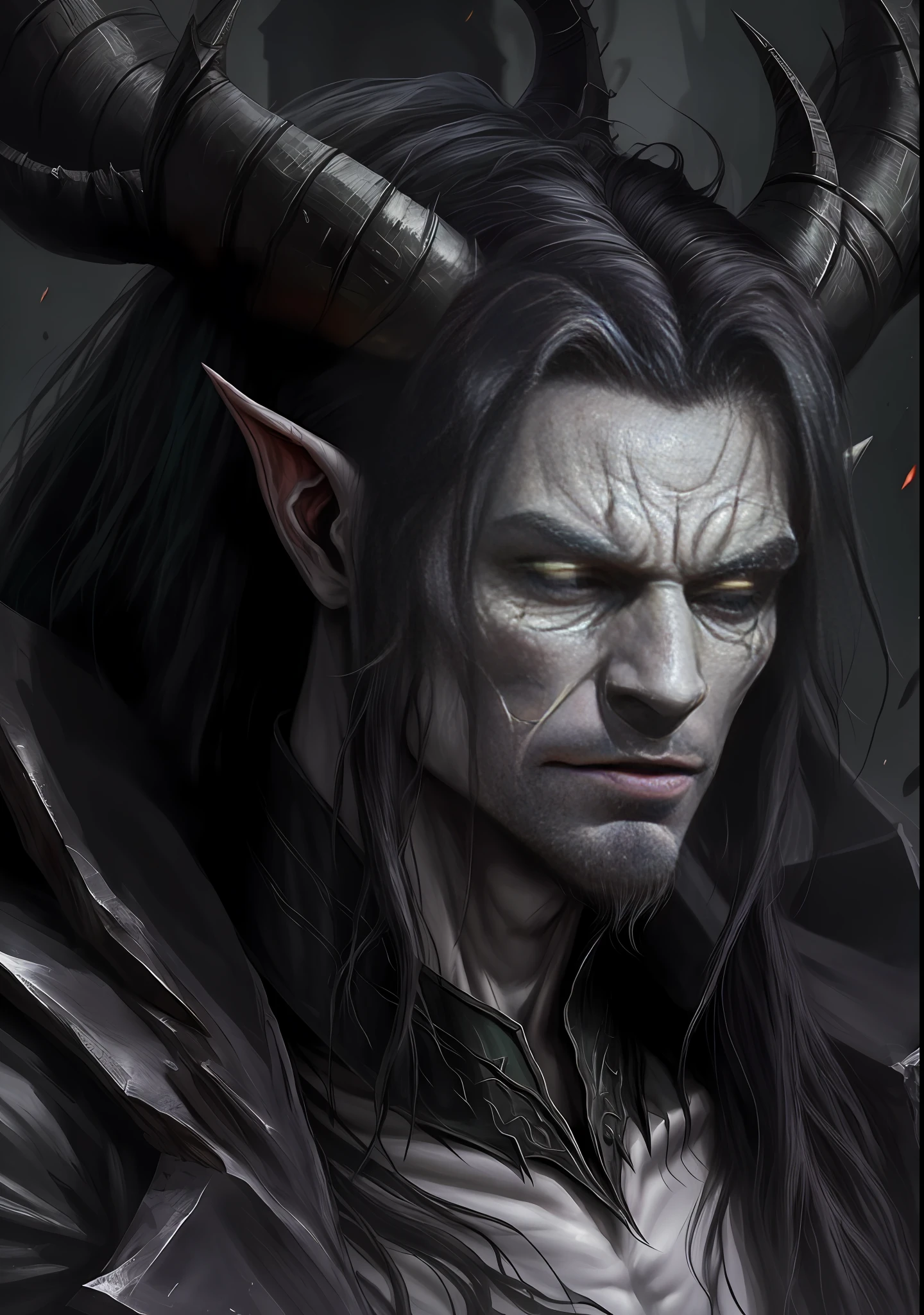 a close up of a male demon with horns and a green eye, fit male demon with white horns, hyper realistic fantasy monster, fantasy ttrpg villain, demonic creature, human male demon, tiefling, hyperrealistic d & d fantasy art, portrait of a demon, hyperrealistic fantasy art, known as voryn dagoth in life, portrait demon half human